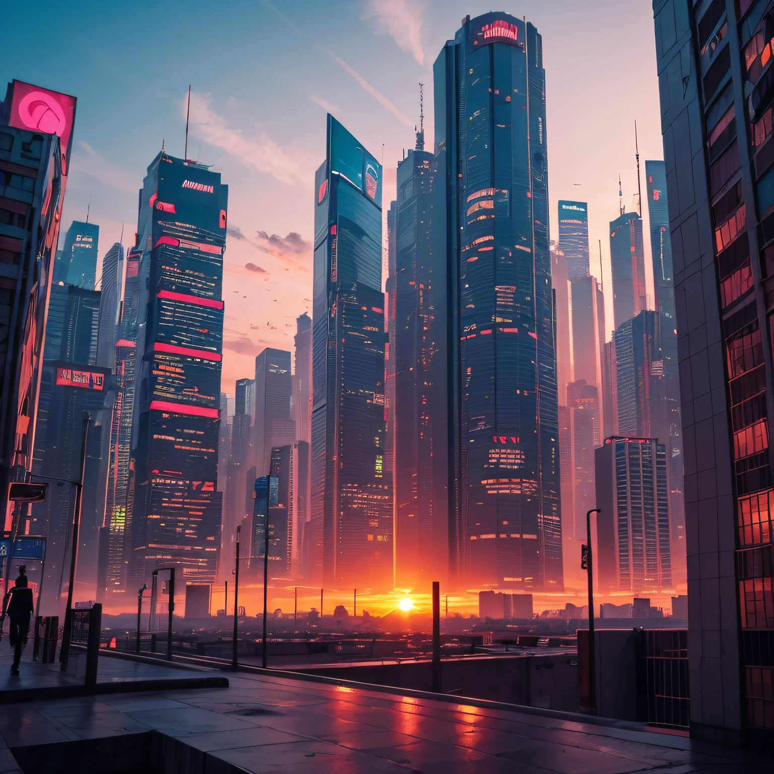 puesta de sol de una ciudad, cyberpunk, relajante, con fondo con colores rosa, naranja y morado