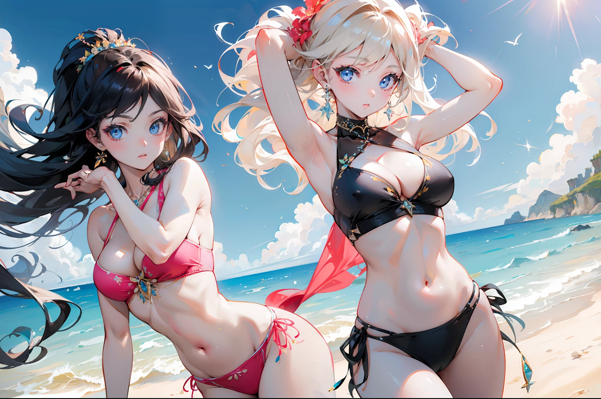 (obra maestra) (La mejor calidad) Some supermodels on a beautiful beach in a photo shoot for a swimsuit campaign. Gran glamour, belleza, Amazing poses. Maravillosa imagen.