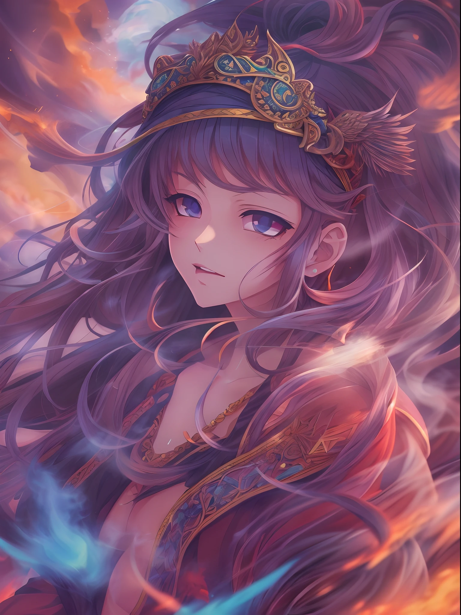 "Create a mesmerizing, high-definition artwork in an anime style featuring a captivating smoke background. Emphasize vibrant colors, intricate details, and a wide angle perspective. Enhance the composition with soft lighting and elements of fantasy."