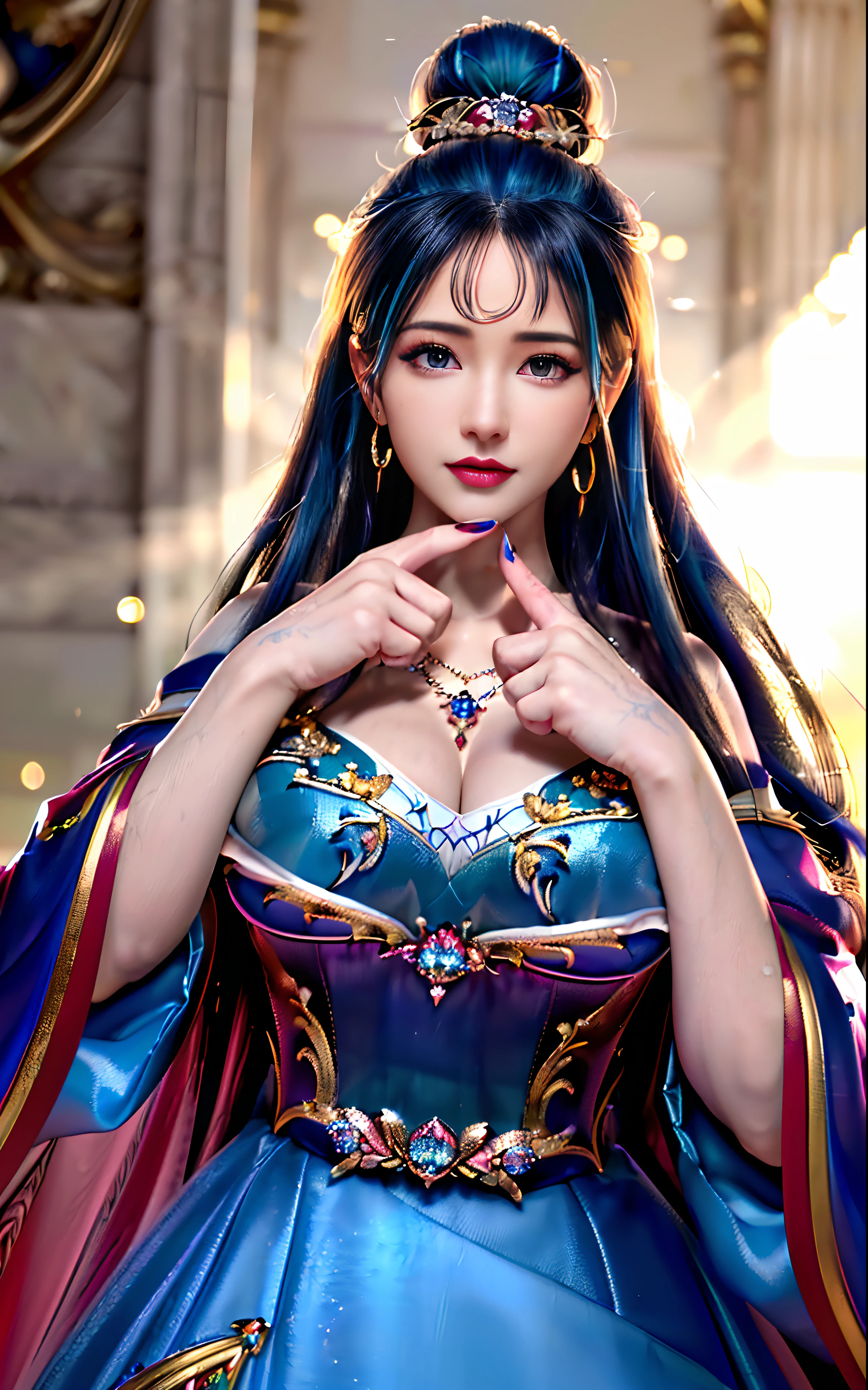 ((realisticity: 1.2)), ((realistic: 8K UHD)), ((best resolution: 8K UHD)), hyper detailed, best quality,masterpiece,highres,cg, ((1 girl hyper detailed and hyper realistic) ) , ((beautiful queen, hyper realistic and hyper detailed)),((white skin, beautiful, smooth, youthful, hyper realistic and hyper detailed )), ((Face hyper beautiful, white, hyper realistic and hyper detailed ) ), long hair, ((hyper realistic and hyper detailed dress)), solo, ((hyper realistic, hyper beautiful, beautiful and hyper detailed jewelry)), ((hyper beautiful deep red and golden yellow dress, hyper realistic and hyper detailed )) , ((Her pretty, hyper realistic, hyper detailed diamond filled earrings)), ((Her gorgeous diamond haircut, hyper realistic and hyper detailed)), ((hyper pretty upper body, hyper beautiful, hyper realistic and hyper detailed) ), ((medium breast: 1.1)), ((hyper realistic, hyper pretty, hyper detailed boobs)), ((the backgroun of the royal palace is hyper majestic, hyper realistic and hyper detailed)),((hands and palms hyper beautiful, hyper detailed, hyper realistic)), ((hyper detailed and hyper realistic fingers and fingernails)), ((hyper pretty fingernails, hyper vivid, hyper detailed, hyper realistic)), ((thumb, index finger, middle finger, ring finger, little finger hyper vivid, hyper pretty, hyper detailed, hyper realistic)), ((hyper beautiful fingers, hyper detailed, and hyper realistic)), ((posture not too fat and not too thin, hyper realistic, hyper detail)), ((hyper pretty, hyper pretty, hyper realistic and hyper detailed hair bun)), ((hyper pretty , hyper realistic and hyper detailed blue hair)), candid, Photo, high resolution, 8k , bokeh,