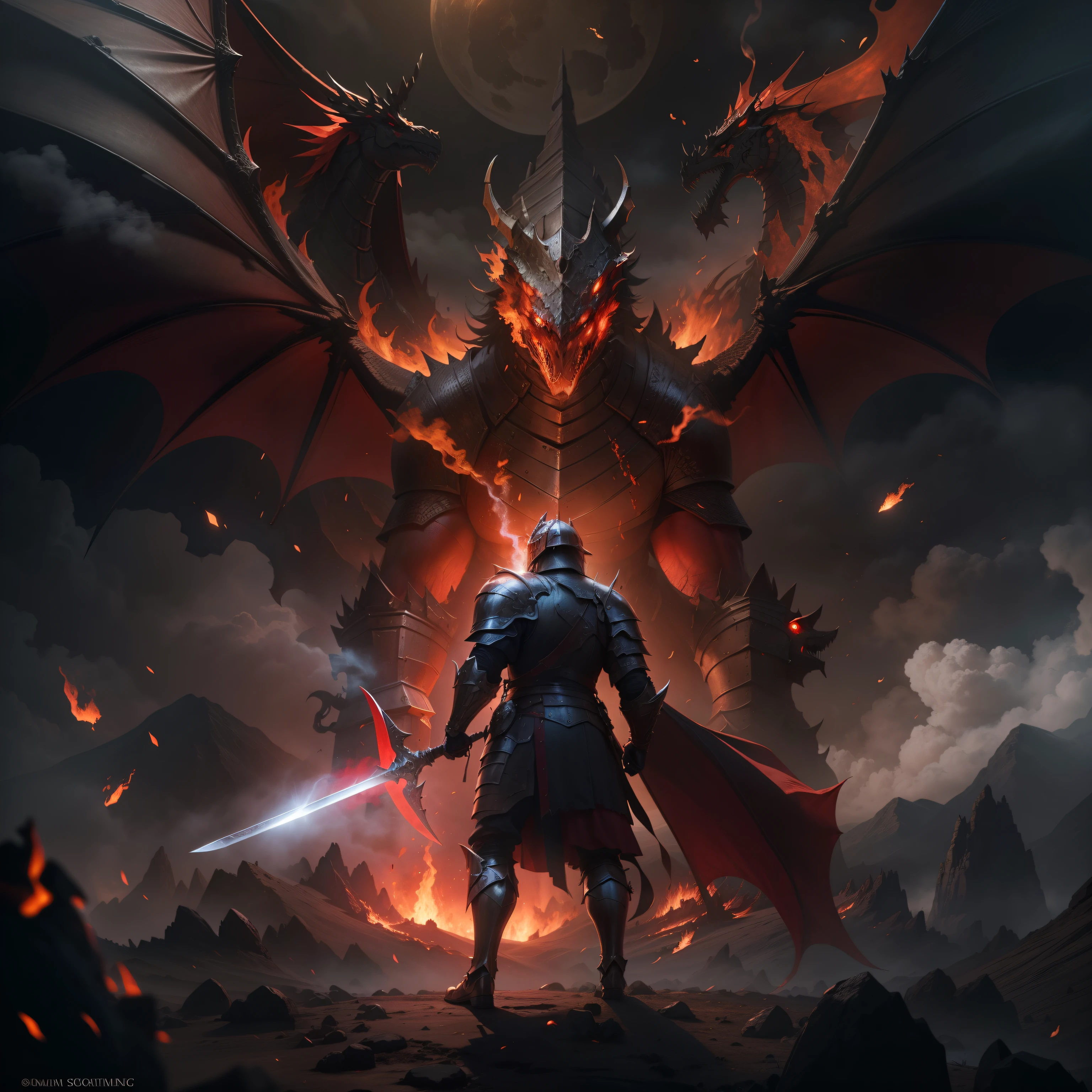 Armoured Knight of old English yore facing off against a giant red dragon, Smaug, smoke and fire, under a mountain, sword and shield, heraldry of sun and moon, dark and foreboding, knight is bathed in light, fire breathing, masterpiece, 8k, uhd, cinematic,