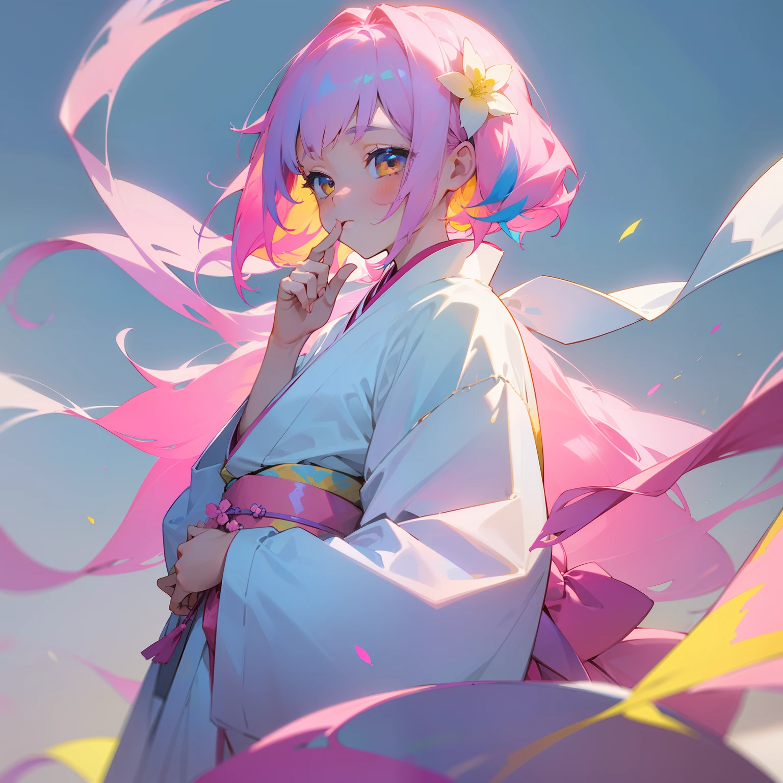 (Beautifully Aesthetic:1.2)、(1girl in:1.3)、(Colorful hair in white and pink and yellow:1.2)、Wearing a colorful white kimono、Thanks、faithful、tenderness, sacredness、Beautiful fece、doa、