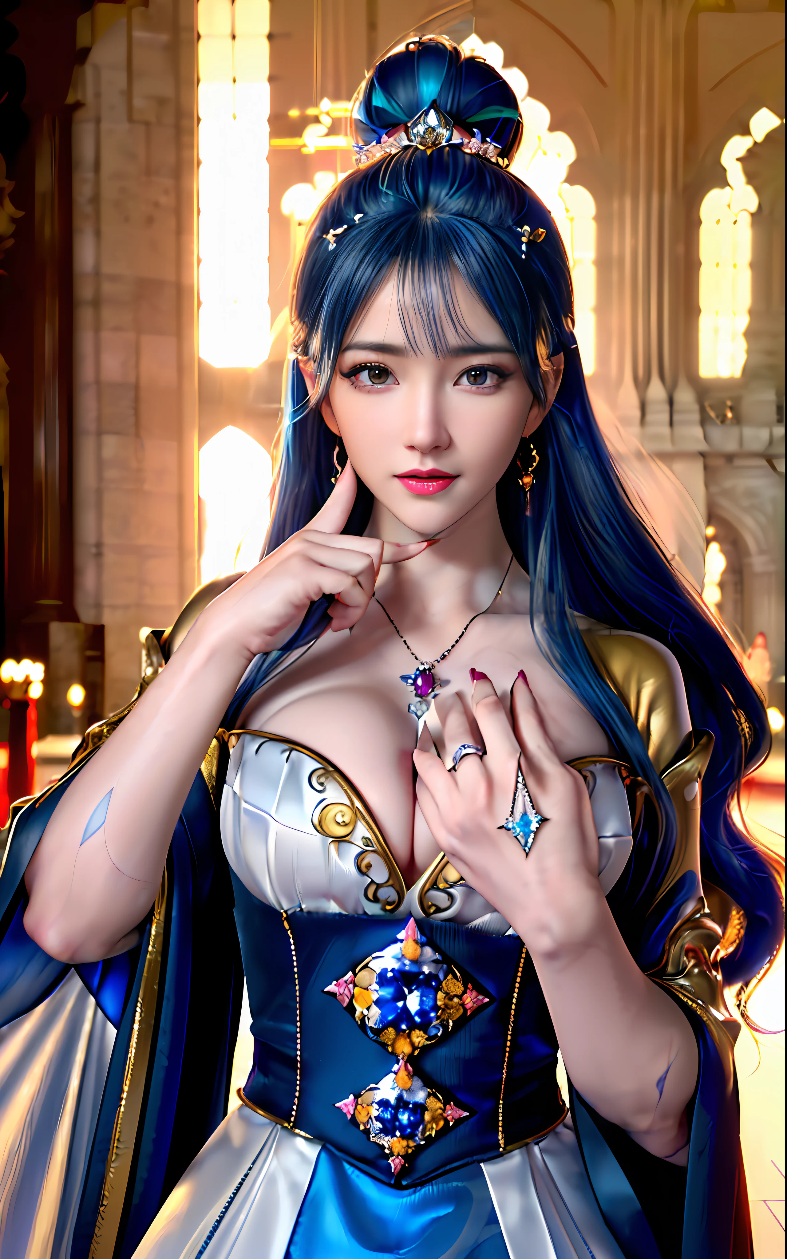 ((realisticity: 1.2)), ((realistic: 8K UHD)), ((best resolution: 8K UHD)), hyper detailed, best quality,masterpiece,highres,cg, ((1 girl hyper detailed and hyper realistic) ) , ((beautiful queen, hyper realistic and hyper detailed)),((white skin, beautiful, smooth, youthful, hyper realistic and hyper detailed )), ((Face hyper beautiful, white, hyper realistic and hyper detailed ) ), long hair, ((hyper realistic and hyper detailed dress)), solo, ((hyper realistic, hyper beautiful, beautiful and hyper detailed jewelry)), ((hyper beautiful deep red and golden yellow dress, hyper realistic and hyper detailed )) , ((Her pretty, hyper realistic, hyper detailed diamond filled earrings)), ((Her gorgeous diamond haircut, hyper realistic and hyper detailed)), ((hyper pretty upper body, hyper beautiful, hyper realistic and hyper detailed) ), ((medium breast: 1.1)), ((hyper realistic, hyper pretty, hyper detailed boobs)), ((the backgroun of the royal palace is hyper majestic, hyper realistic and hyper detailed)),((hands and palms hyper beautiful, hyper detailed, hyper realistic)), ((hyper detailed and hyper realistic fingers and fingernails)), ((hyper pretty fingernails, hyper vivid, hyper detailed, hyper realistic)), ((thumb, index finger, middle finger, ring finger, little finger hyper vivid, hyper pretty, hyper detailed, hyper realistic)), ((hyper beautiful fingers, hyper detailed, and hyper realistic)), ((posture not too fat and not too thin, hyper realistic, hyper detail)), ((hyper pretty, hyper pretty, hyper realistic and hyper detailed hair bun)), ((hyper pretty , hyper realistic and hyper detailed blue hair)), candid, Photo, high resolution, 8k , bokeh,