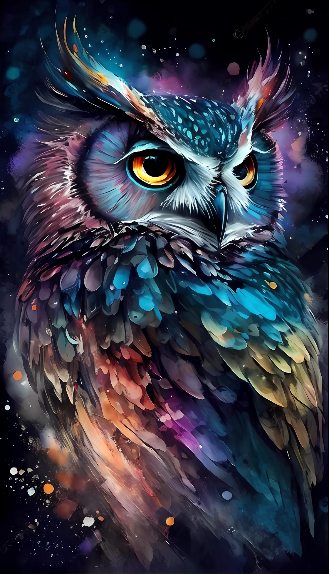 uma pintura de uma coruja com olhos brilhantes e penas coloridas, Coruja Radiante, cheio de cores e detalhes ricos, pintado em aquarelas brilhantes, Coloridos!! altamente detalhado, coruja incandescente, alien owl, cores realistas detalhadas, cores altamente detalhadas, arte bonita, mistura entre um! Coruja e lobo, the wisest of all owls, ✏️🎨, muito detalhado e colorido, 4k detalhado