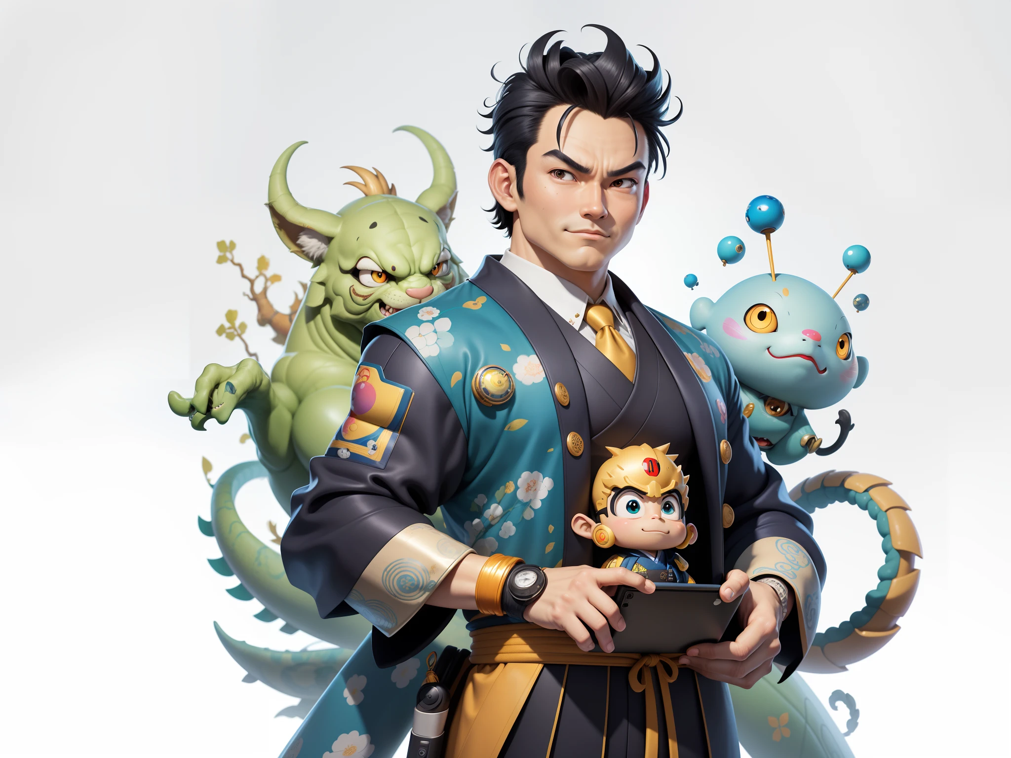 Young man with oriental face in leather hat, dragon, formal suit, short black hair, silver glasses, digital painting, 3D character design by Mark Clairedon and Pixar and Hayao Miyazaki and Akira Toriyama, the illustration is a high-definition illustration in 4K resolution with very detailed facial features and cartoon-style visuals.