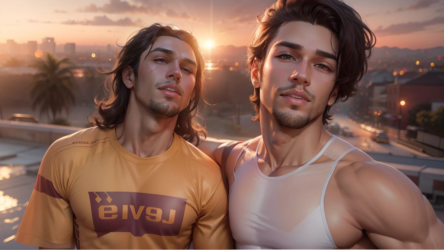 -yeld boith brown cinnamon skin, cuerpo atletico tonificado cabello liso,masculino serio pensativo observador tiene el dorso desnudo y viste un atuendo blanco tipico del antiguo egipto, caminando, sonriendo por las calles de una moderna ciudad un amigo cernaco se acerca por atras y lo abraza