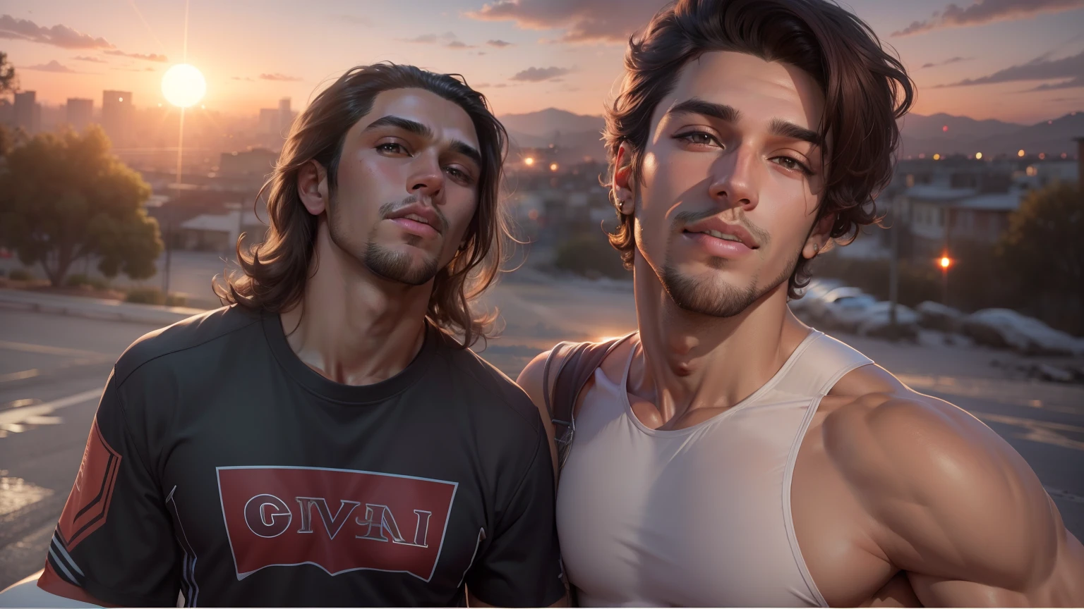 Change background to sunset , handsome boys , realistic face , 8k