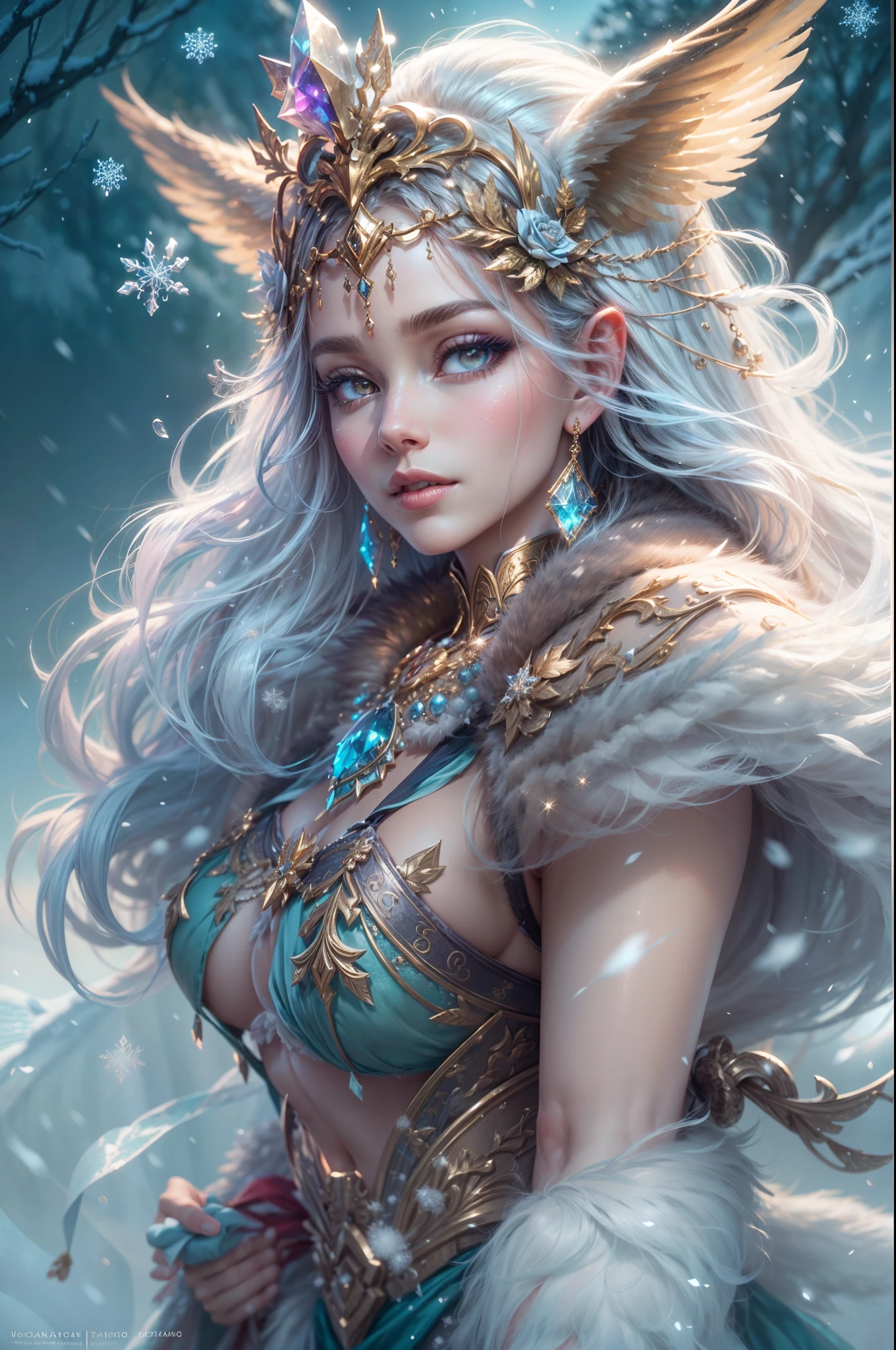 This is a realistic fantasy artwork taking place in a subzero cold winter landscape. Generate a stately, elegant, and graceful (((Pocahontas))) elf in a magical world of stunning gilded roses with multicolors and shimmering ice glittering in the light. Her face is elegant and middle-aged and includes realistic shading, incredibly detailed and distinct features, ((soft puffy and kissable mouth with a defined cupid's bow)), and (realistic eyes). (Her eyes are important) and should be (beautiful detailed eyes with macro details), realistic details, and a shifting array of beautiful blue colors. Her clothes should be delicately spun from weightless, airy, and expensive gossamer silk with delicate and very subtle floral embroidery, (((many warm layers))), and a variety of complementary colors as well as lots of luxurious fur. Her breasts are subtle and her clothing is very warm and heavy. This image is incredibly creative and emphasizes the beautiful detail of the gilded roses and the pure snow on the ornate ice. Include beautiful detailed snowflakes, icy air, and magical doves. Include pebbles, stones, bumps, glitter, and iridescence. Camera: Utilize dynamic composition techniques to draw the viewer into the scene. Lighting: Enhance the glitter of the snow and ice and emphasize the fantasy winter aspect of the image. Take inspiration from top masters of the genre and trending Midjourney and ArtStation art.