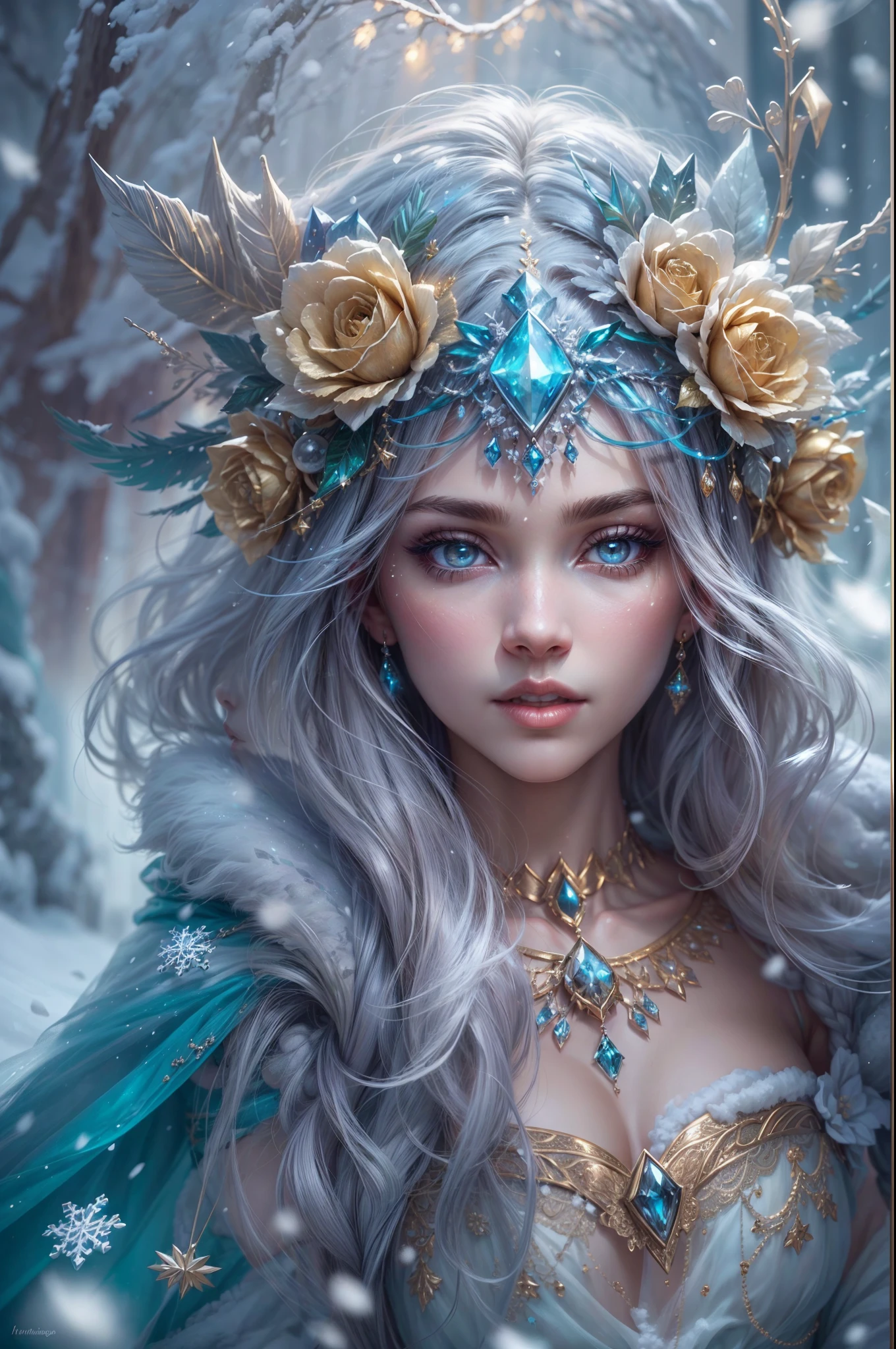 This is a realistic fantasy artwork taking place in a subzero cold winter landscape. Generate a stately, elegant, and graceful (((Pocahontas))) elf in a magical world of stunning gilded roses with multicolors and shimmering ice glittering in the light. Her face is elegant and middle-aged and includes realistic shading, incredibly detailed and distinct features, ((soft puffy and kissable mouth with a defined cupid's bow)), and (realistic eyes). (Her eyes are important) and should be (beautiful detailed eyes with macro details), realistic details, and a shifting array of beautiful blue colors. Her clothes should be delicately spun from weightless, airy, and expensive gossamer silk with delicate and very subtle floral embroidery, (((many warm layers))), and a variety of complementary colors as well as lots of luxurious fur. Her breasts are subtle and her clothing is very warm and heavy. This image is incredibly creative and emphasizes the beautiful detail of the gilded roses and the pure snow on the ornate ice. Include beautiful detailed snowflakes, icy air, and magical doves. Include pebbles, stones, bumps, glitter, and iridescence. Camera: Utilize dynamic composition techniques to draw the viewer into the scene. Lighting: Enhance the glitter of the snow and ice and emphasize the fantasy winter aspect of the image. Take inspiration from top masters of the genre and trending Midjourney and ArtStation art.