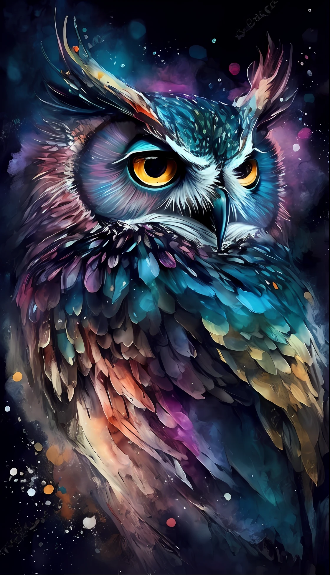 uma pintura de uma coruja com olhos brilhantes e penas coloridas, Coruja Radiante, cheio de cores e detalhes ricos, pintado em aquarelas brilhantes, Coloridos!! altamente detalhado, coruja incandescente, alien owl, cores realistas detalhadas, cores altamente detalhadas, arte bonita, mistura entre um! Coruja e lobo, the wisest of all owls, ✏️🎨, muito detalhado e colorido, 4k detalhado