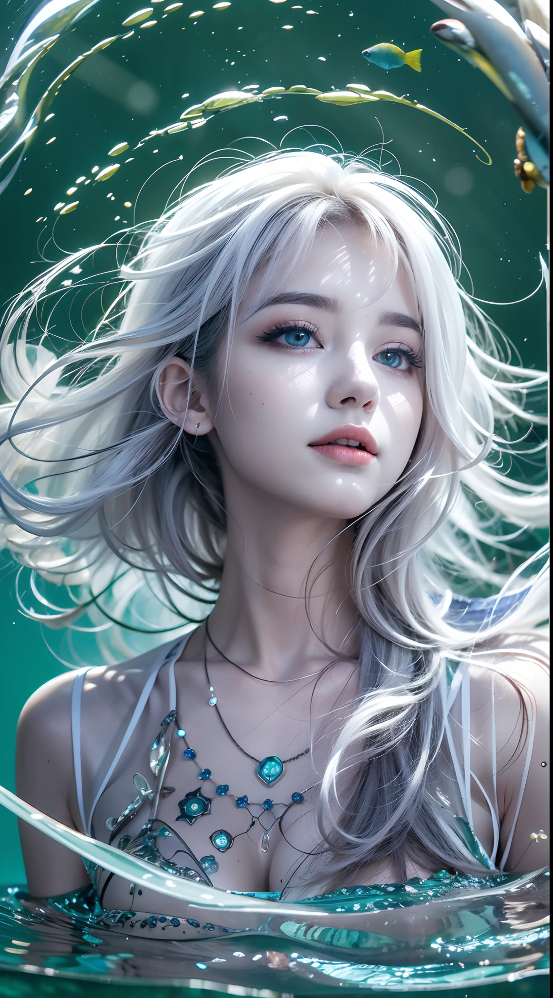 Double whirlwind pattern design garment，Heterochromic pupils，Silver-haired girl，Partial underwater photography，Look up，Protagonist perspective，Water Dragon Magic，light particules，Mixed exposure，wallpaper hd