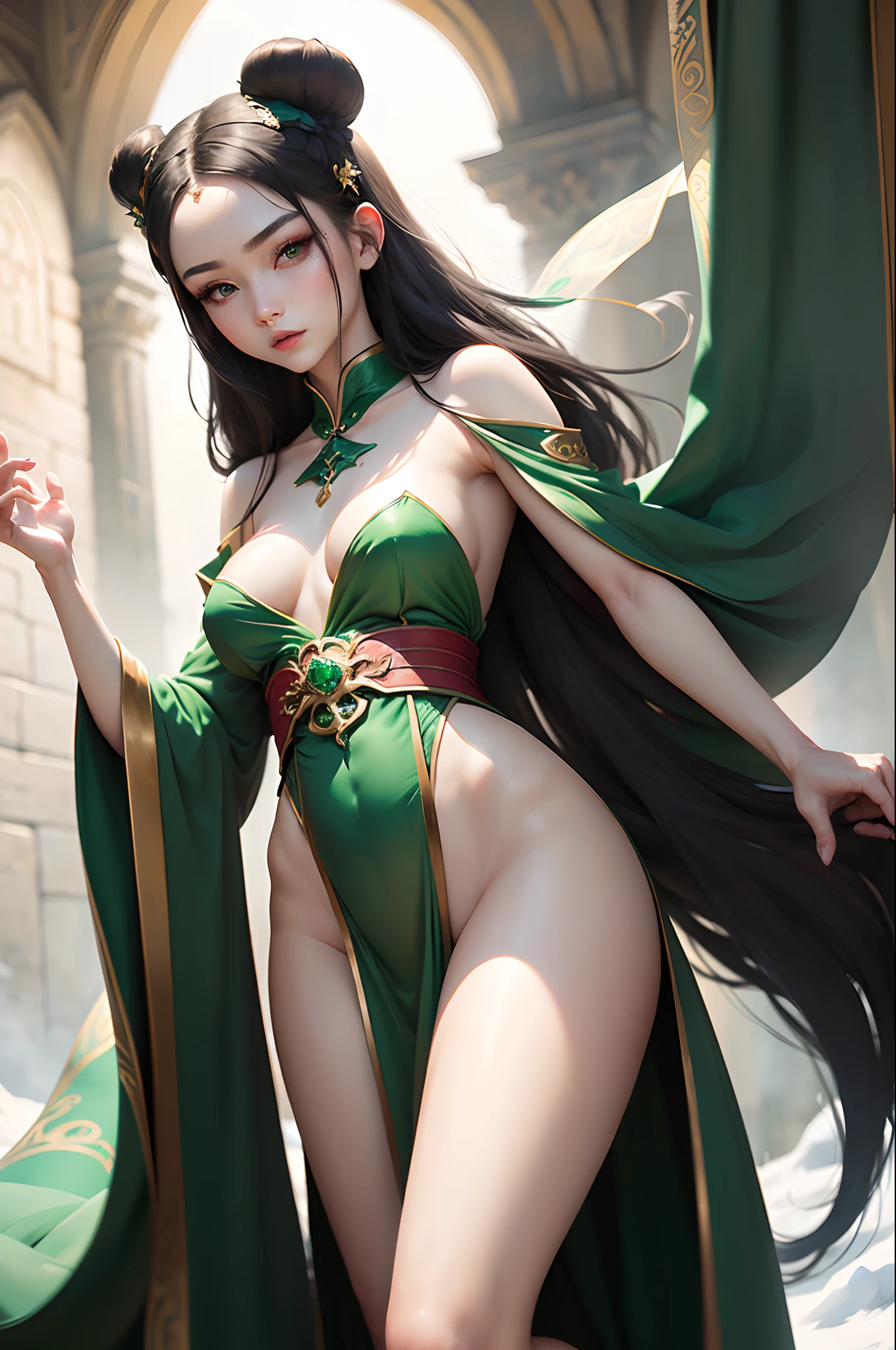 Snow white skin, jade life face, emerald eyes, Hanfu, medium breast, slender body