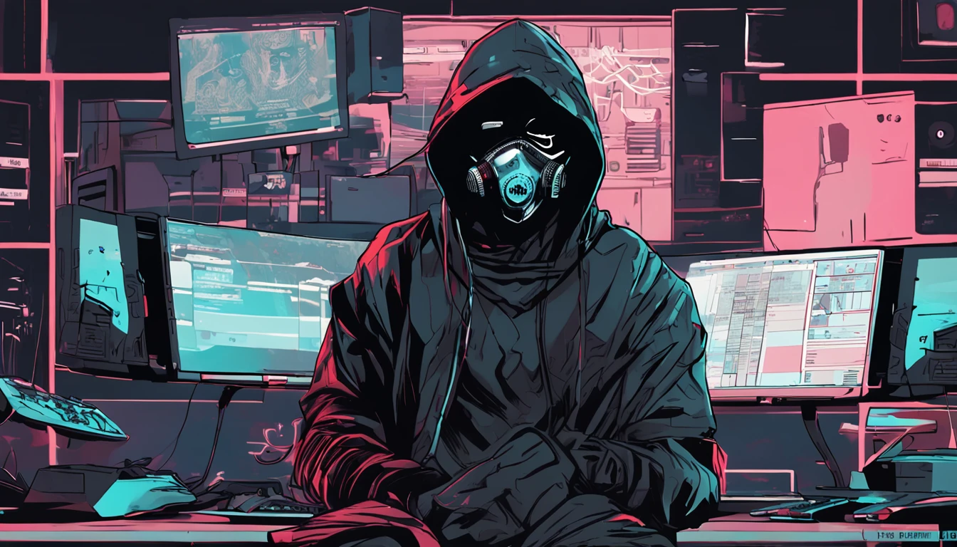 (masutepiece, of the highest quality, Best Quality, Official art, Beautiful and aesthetic:1.2),(Cyberpunk:1.4) Hacker boy with his mouth covered with a black mask and a hacker logo on the left of the mask, ( in front he has his desk , on top of it the PC monitor on the left, ) ( his hands relaxing over the desk) hidding his face and making more mysterious, looking to the camera