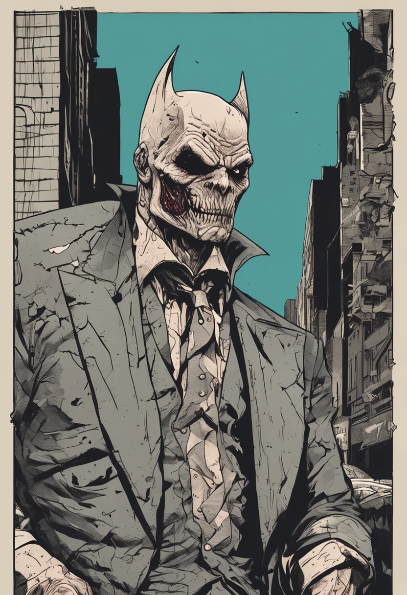 realistic portrayal of Batman emerges, his face twisted into a zombie-like visage, his suit tattered and worn man