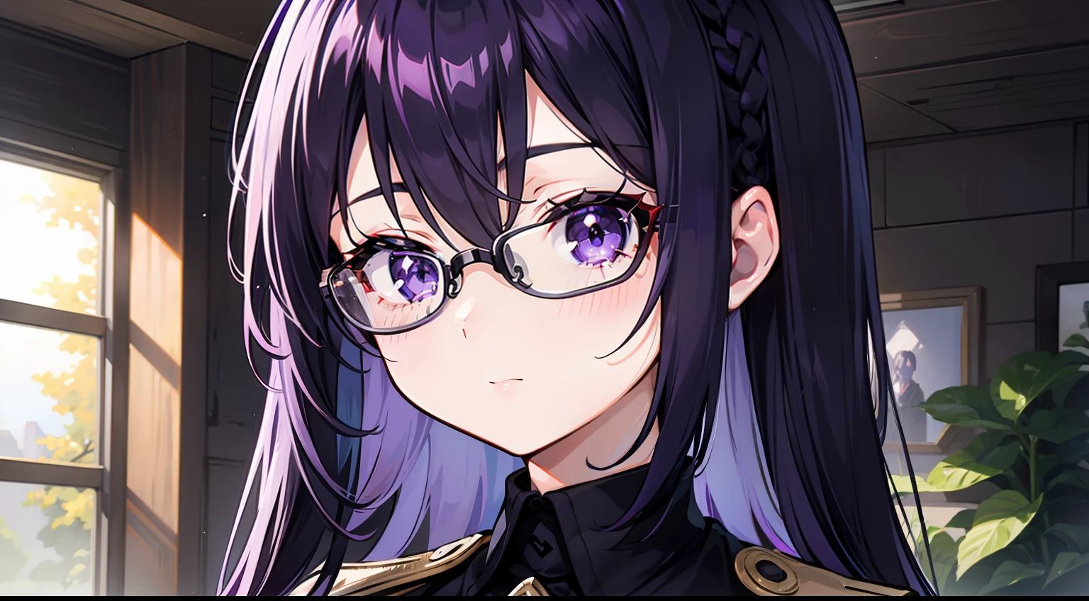 codina, 1girl, black purple hair, purple eyes, eyeglasses, military uniform