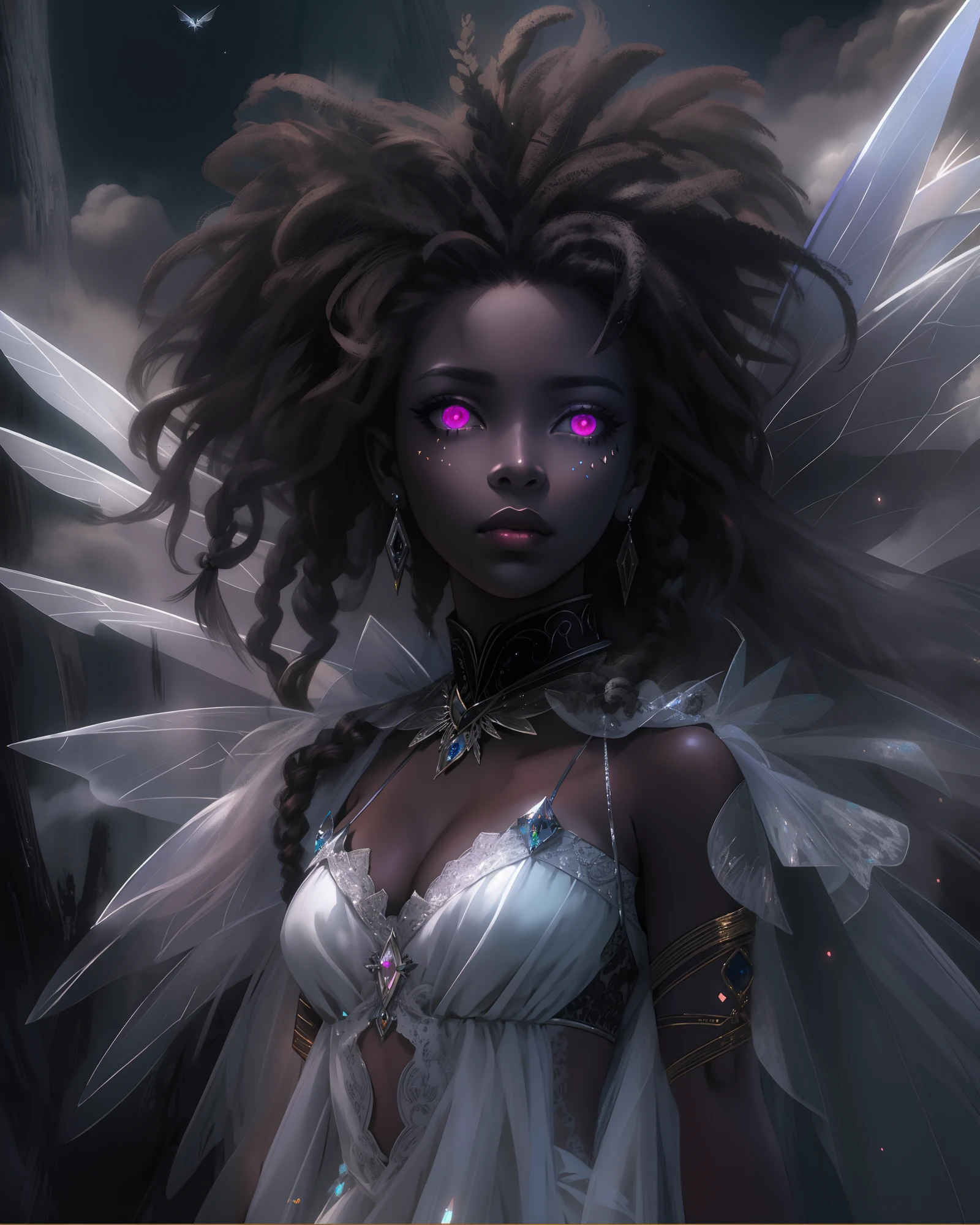 sad hyper realistic, beautiful sad african american dark cloud fairy sark princess fairy, large fairy wings, long silver shiny dreadlocks,white glowing eyes eyes, surrounded my dark thick smoke with silver linings, GIANT FAIRY WINGS, holding a white storm cloud, masterpiece, cinematic,