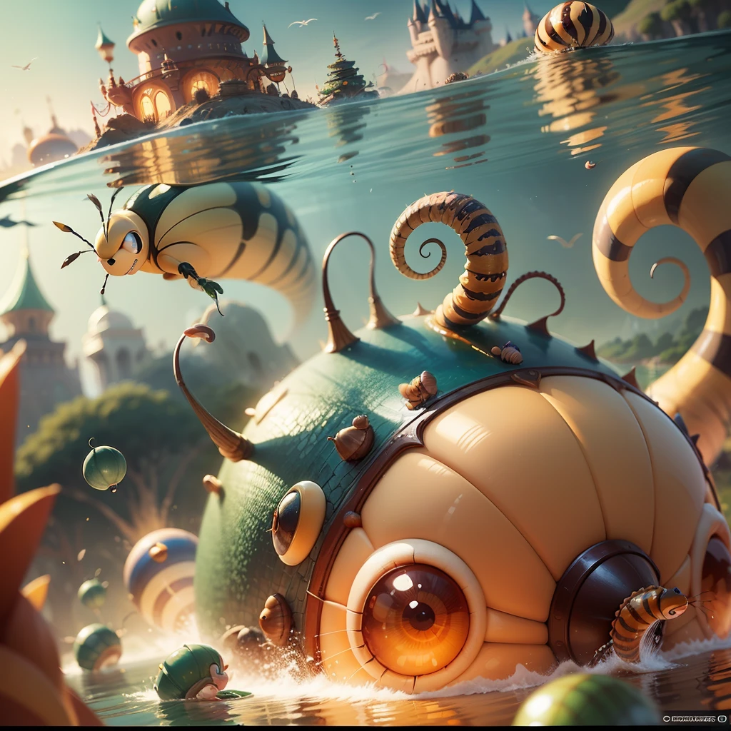 Fantasy, Cartoon illustration of a fantasy world with bizarre large caterpillars and snails, Flying over the surface of the lake, Everyone is cheerful and happy. close-up, cartoon style Disney Pixar. cinematic, Lots of details. Blurred fantasy background. light haze. --auto --s2