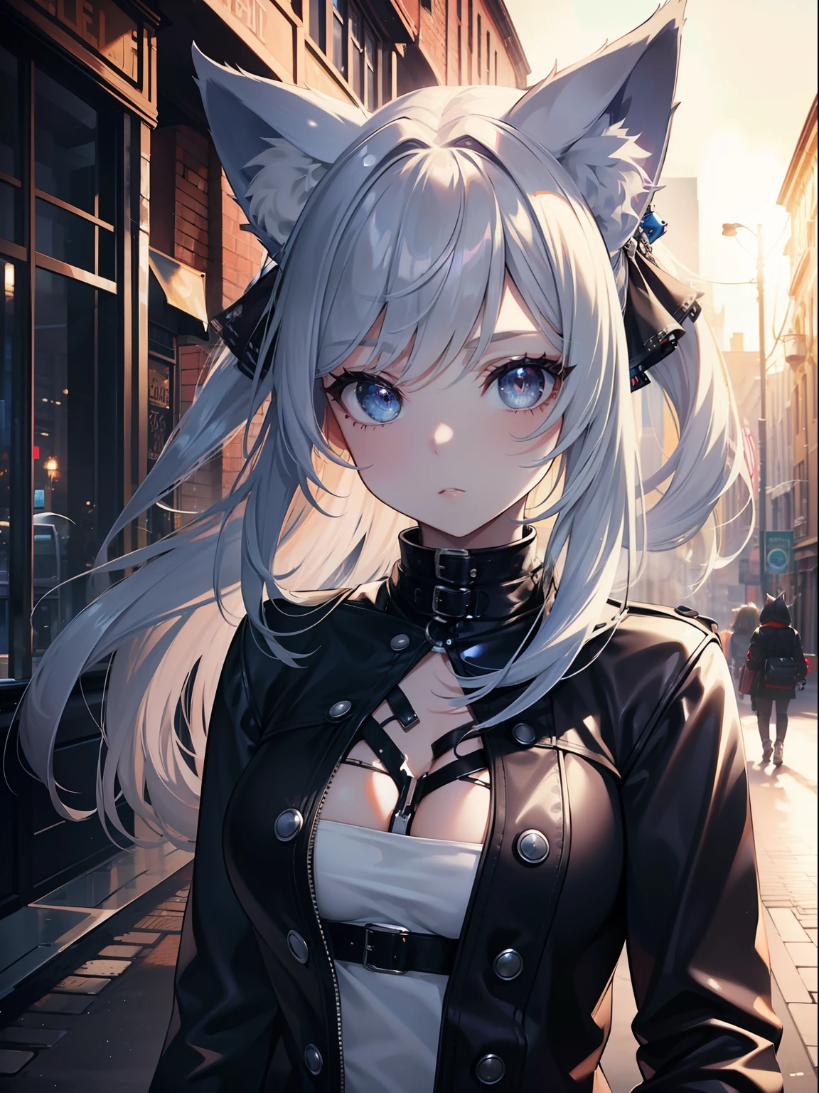 (Masterpiece, Best quality, ultra high resolution, splendid),1girl,wolf ears,wolf tail,rock punk fashion, beautiful and detailed face, detailed eyes,in the street,