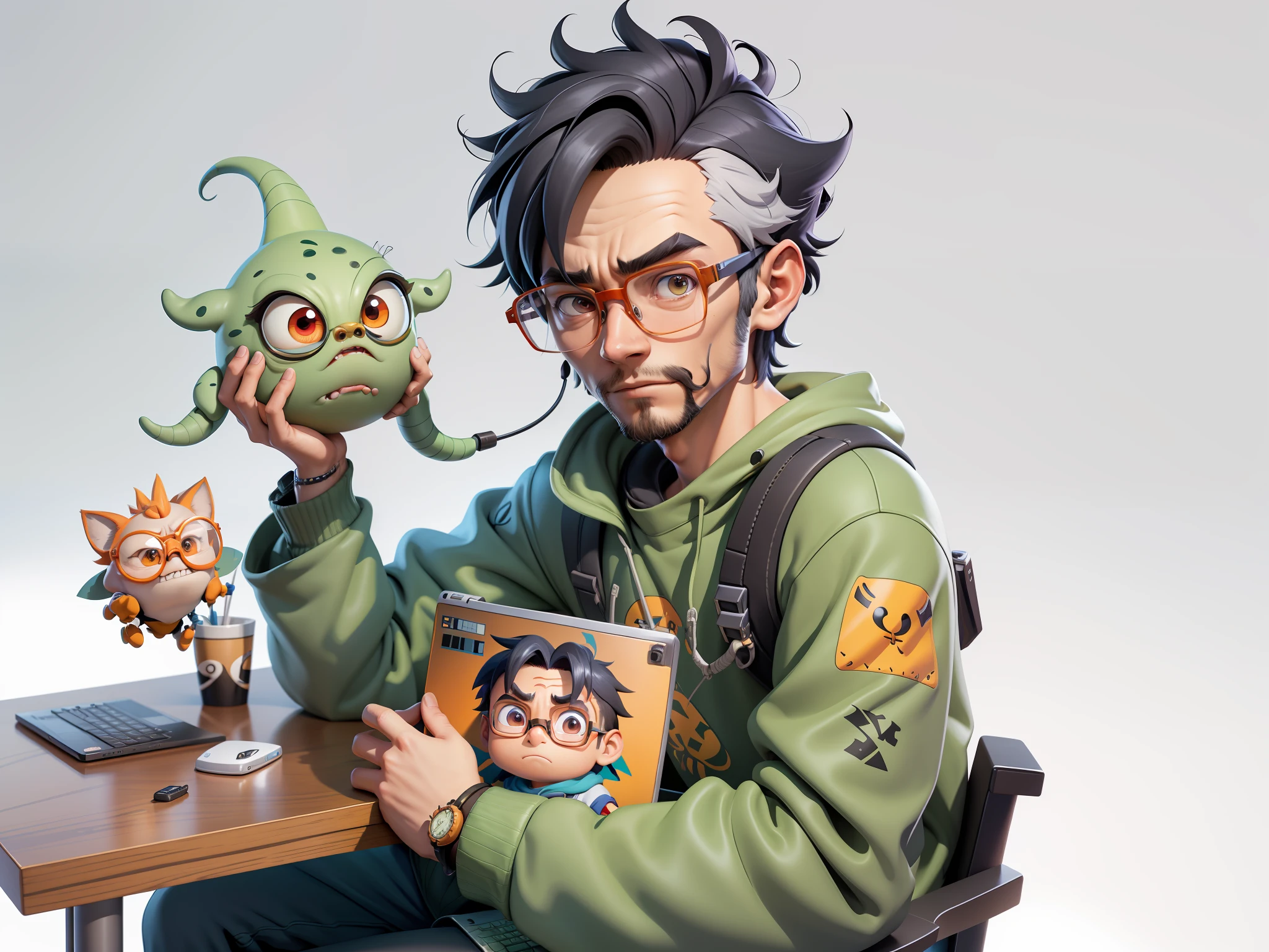A young man with glasses sits at his desk,holding laptop,digitial painting,3D character design by Mark Clairen and Pixar and Hayao Miyazaki and Akira Toriyama,4K HD illustration,Very detailed facial features and cartoon-style visuals。