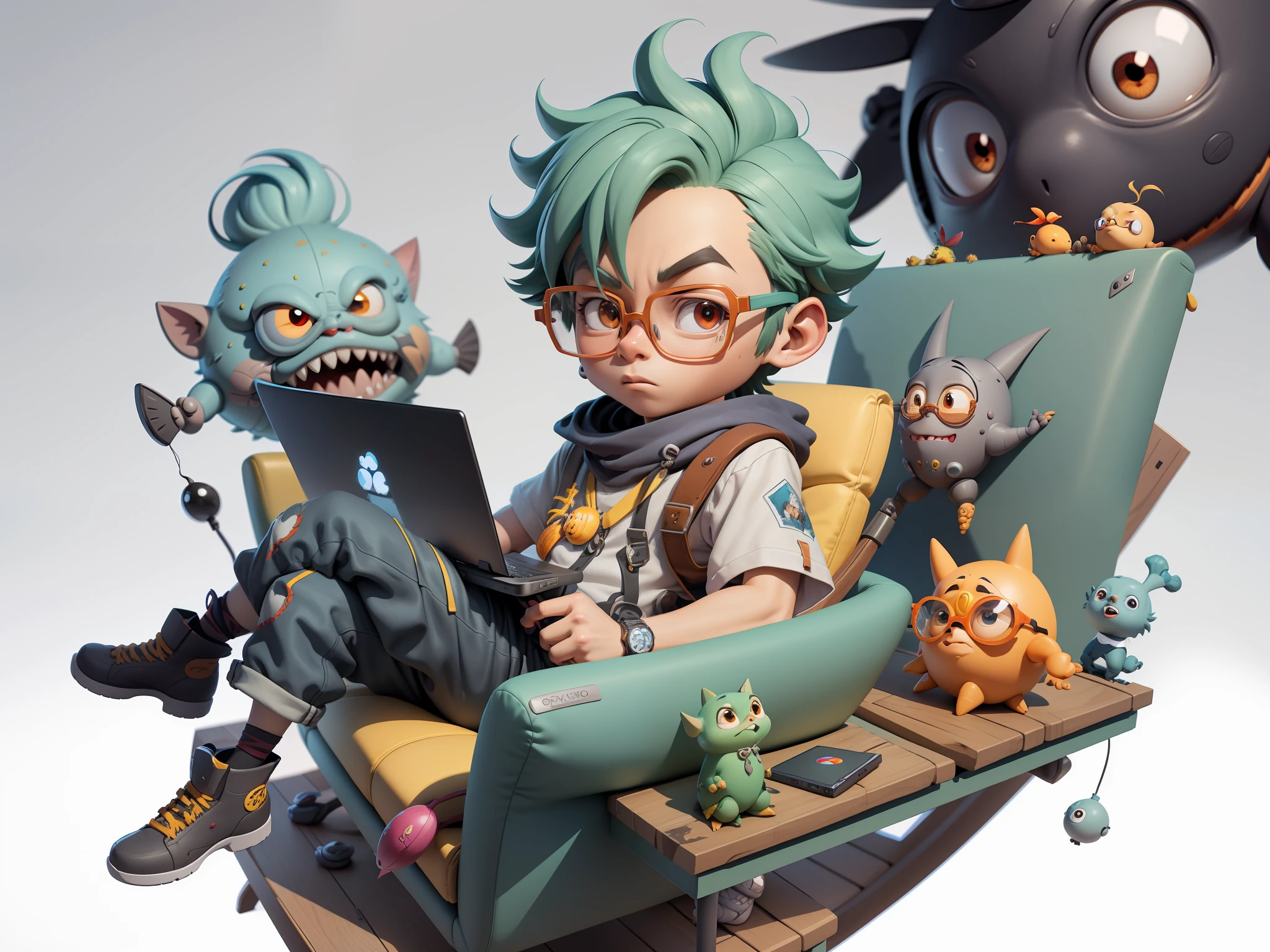 A young man with glasses sits at his desk,holding laptop,digitial painting,3D character design by Mark Clairen and Pixar and Hayao Miyazaki and Akira Toriyama,4K HD illustration,Very detailed facial features and cartoon-style visuals。