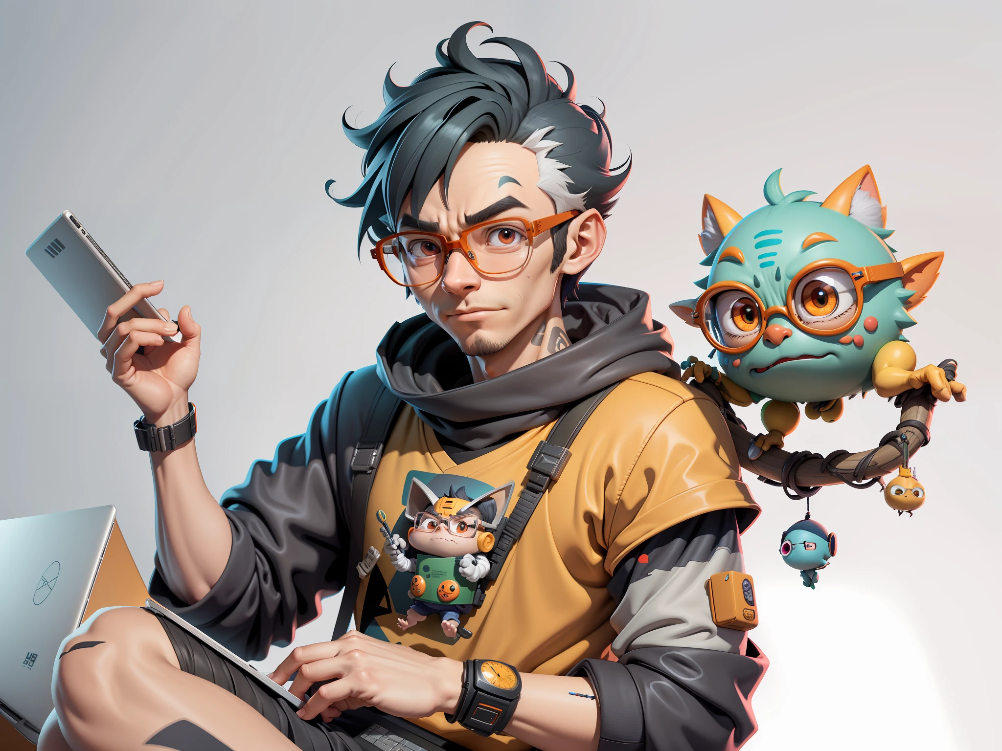 A young man with glasses sits at his desk，holding laptop，digitial painting，3D character design by Mark Clairen and Pixar and Hayao Miyazaki and Akira Toriyama，4K HD illustration，Very detailed facial features and cartoon-style visuals。