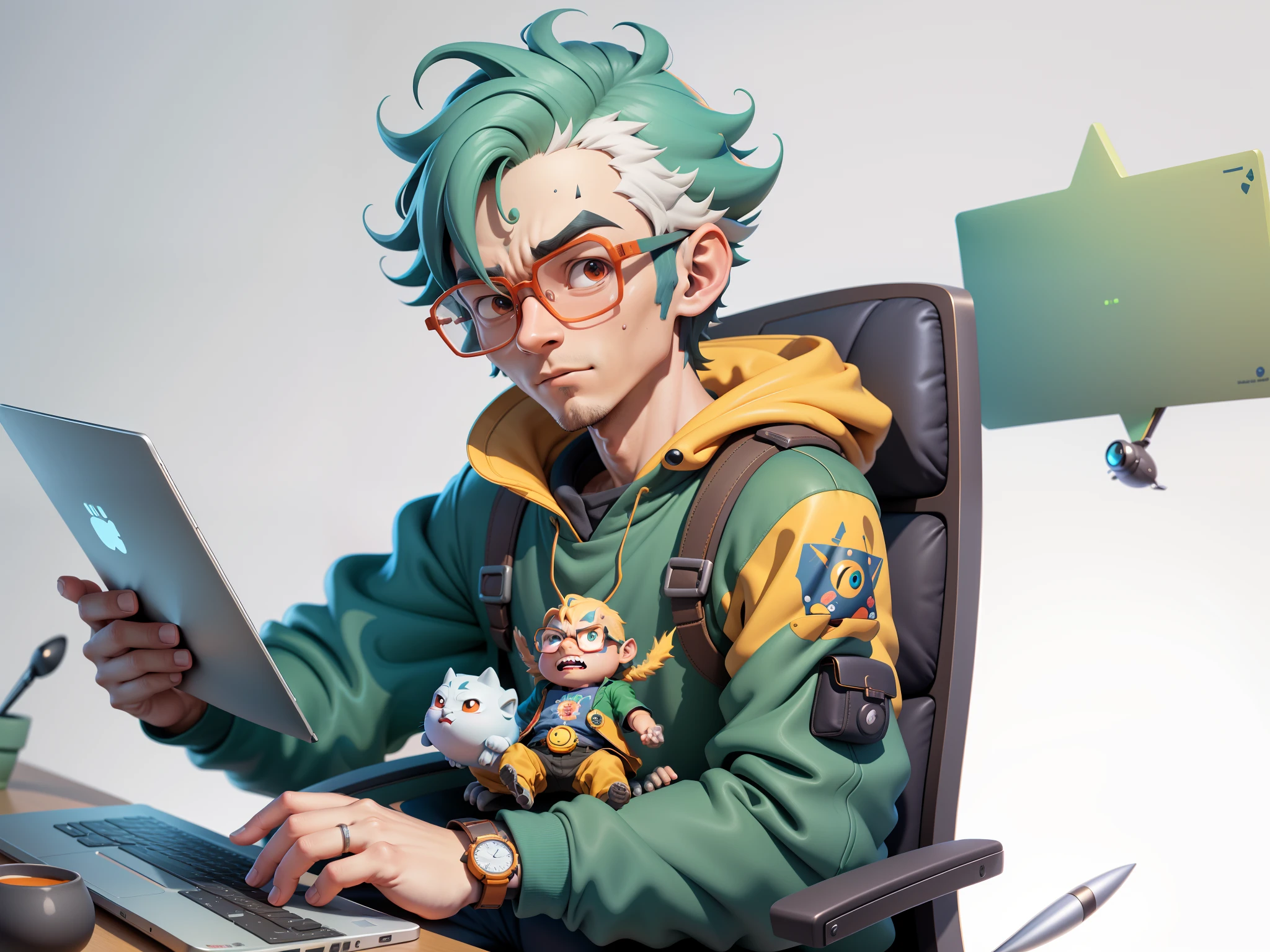 A young man with glasses sits at his desk，holding laptop，digitial painting，3D character design by Mark Clairen and Pixar and Hayao Miyazaki and Akira Toriyama，4K HD illustration，Very detailed facial features and cartoon-style visuals。