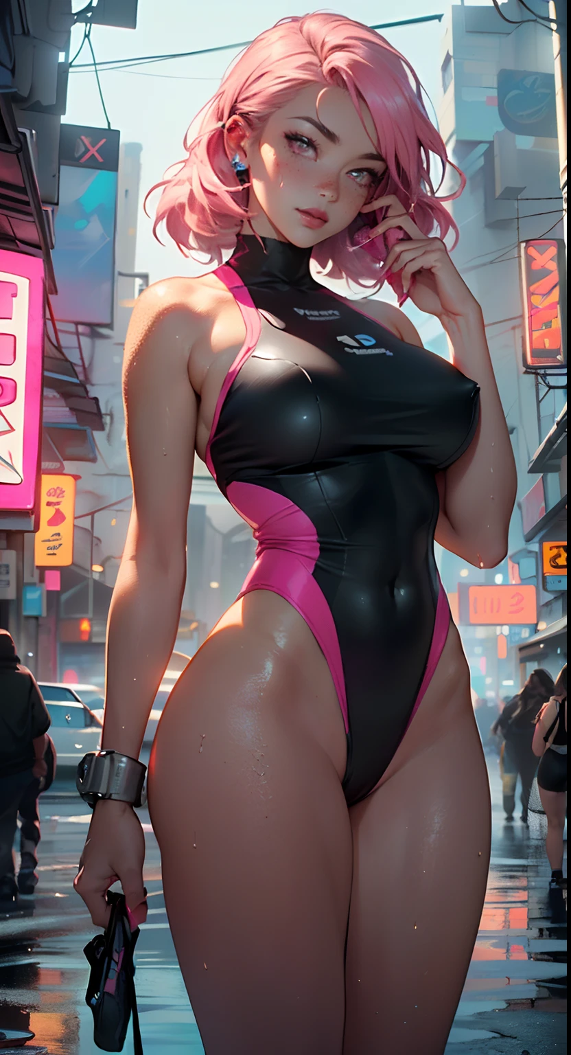 sporty girl,(((1girl))),((girl with bubblegum pink hair and freckles,extremely cute and gorgeous)),

(large breasts:1.4),saggy breasts,(((bubblegum pink hair:1.35,straight hair,long hair:1.4,colored inner hair,ear breathing))),((heterochromia:1.5,eye1 pink,eye2 azul,perfect eyes,upturned eyes:1.3,beautiful detailed eyes,finely detailed beautiful eyes:1,big highlight on eyes:1.2,slanted eyes)),((fat)),(((freckles on the face,freckles,freckled girl))),(((lustrous skin:1.5,bright skin: 1.5,skin tanned,shiny skin,very shiny skin,shiny body,plastic glitter skin,exaggerated shiny skin,illuminated,skin, wet legs))),(spider lower abdomen,narrow waist,wide hip,athletic body,inflated legs,delicate detailed fingers,detailed body,human hands,(detailed face)),

cute,slutty,seductive,erotic,(((nsfw))),

((one-piece_swimsuit magenta,wearing a one-piece_swimsuit outfit:1.3,magenta swimsuit:1.3)),((wet clothes,detailed outfit,detailed clothes)),

(dynamic pose:1.0),embarrassed,(centered,scale to fit dimensions,Rule of thirds),

((((cyberpunk city by the ocean,huge buildings,neon signs,puddles)))),stormy sky,threatening sky,dark clouds,((synthwave background theme,detailed background : 1.25)),((((night,nice lighting decorations,detailed architecture)))),

(best quality,high resolution,sharp focus,ultra detailed,extremely detailed,extremely high quality artwork,(realistic,photorealistic:1.37),8k_wallpaper,(extremely detailed CG 8k),(very fine 8K CG),((hyper super ultra detailed perfect piece)),flawless,(((masterpiece))),illustration,vibrant colors,(intricate),High contrast,Selective lighting,Double exposure,HDR (High Dynamic Range),Post-processing,Background blur,