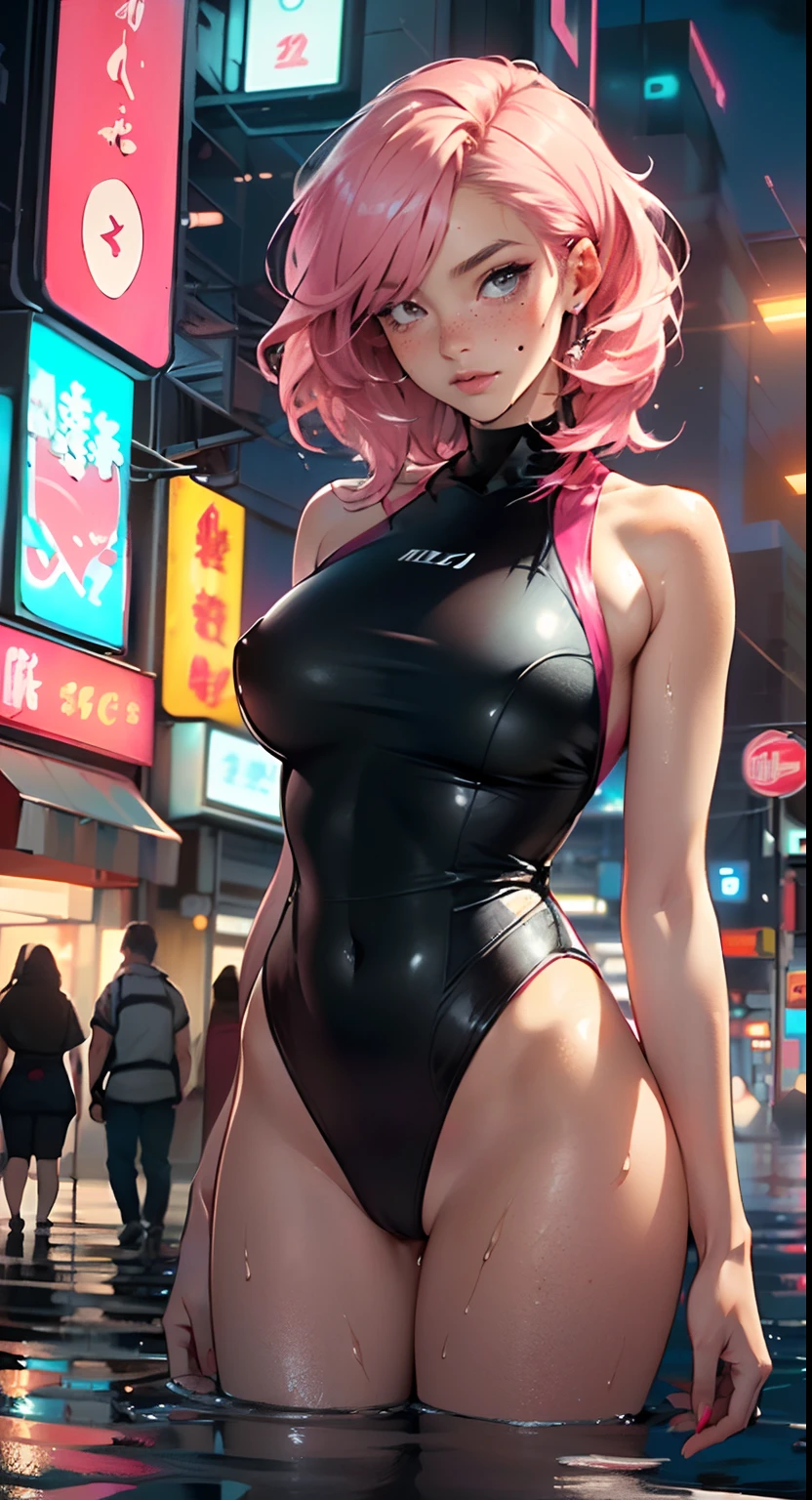 sporty girl,(((1girl))),((girl with bubblegum pink hair and freckles,extremely cute and gorgeous)),
(large breasts:1.4),saggy breasts,(((bubblegum pink hair:1.35,straight hair,long hair:1.4,colored inner hair,ear breathing))),((heterochromia:1.5,eye1 pink,eye2 azul,perfect eyes,upturned eyes:1.3,beautiful detailed eyes,finely detailed beautiful eyes:1,big highlight on eyes:1.2,slanted eyes)),((fat)),(((freckles on the face,freckles,freckled girl))),(((lustrous skin:1.5,bright skin: 1.5,skin tanned,shiny skin,very shiny skin,shiny body,plastic glitter skin,exaggerated shiny skin,illuminated,skin, wet legs))),(spider lower abdomen,narrow waist,wide hip,athletic body,inflated legs,delicate detailed fingers,detailed body,human hands,(detailed face)),
cute,slutty,seductive,erotic,(((nsfw))),
((one-piece_swimsuit magenta,wearing a one-piece_swimsuit outfit:1.3,magenta swimsuit:1.3)),((wet clothes,detailed outfit,detailed clothes)),
(dynamic pose:1.0),embarrassed,(centered,scale to fit dimensions,Rule of thirds),
((((cyberpunk city by the ocean,huge buildings,neon signs,puddles)))),stormy sky,threatening sky,dark clouds,((synthwave background theme,detailed background : 1.25)),((((night,nice lighting decorations,detailed architecture)))),
(best quality,high resolution,sharp focus,ultra detailed,extremely detailed,extremely high quality artwork,(realistic,photorealistic:1.37),8k_wallpaper,(extremely detailed CG 8k),(very fine 8K CG),((hyper super ultra detailed perfect piece)),flawless,(((masterpiece))),illustration,vibrant colors,(intricate),High contrast,Selective lighting,Double exposure,HDR (High Dynamic Range),Post-processing,Background blur,