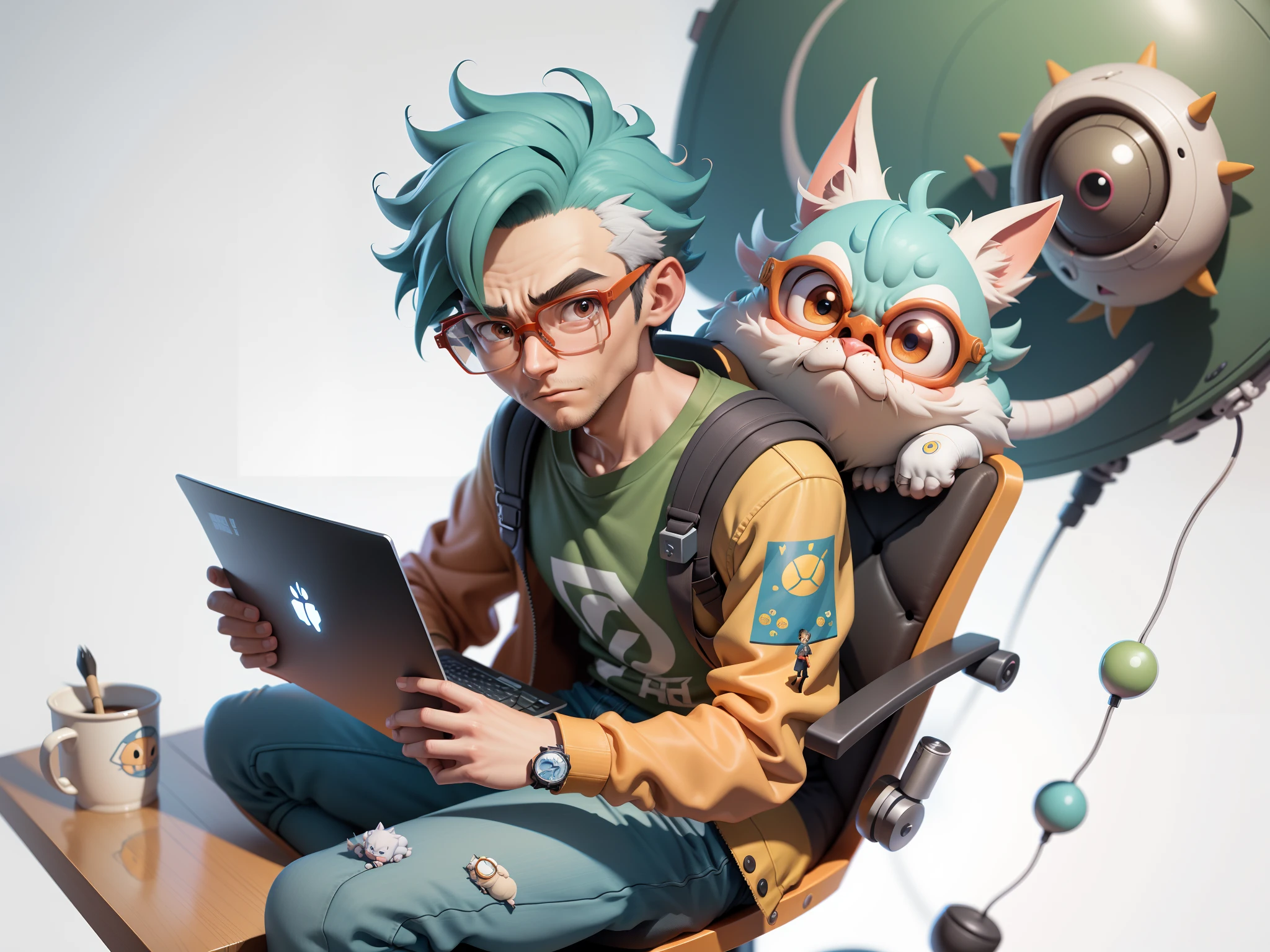 A young man with glasses sits at his desk，holding laptop，digitial painting，3D character design by Mark Clairen and Pixar and Hayao Miyazaki and Akira Toriyama，4K HD illustration，Very detailed facial features and cartoon-style visuals。