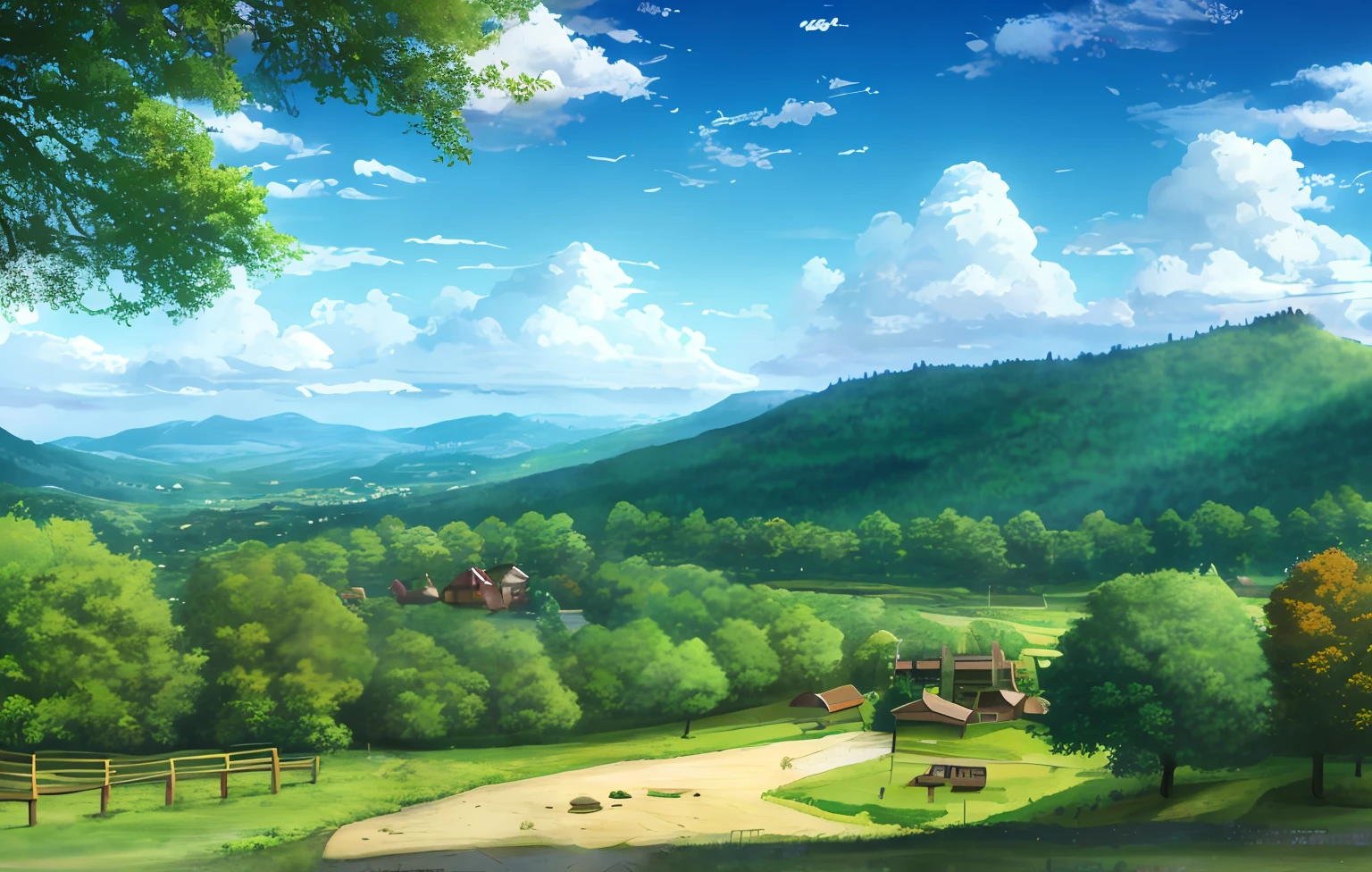 scenery, forest, village, well, sky, clouds