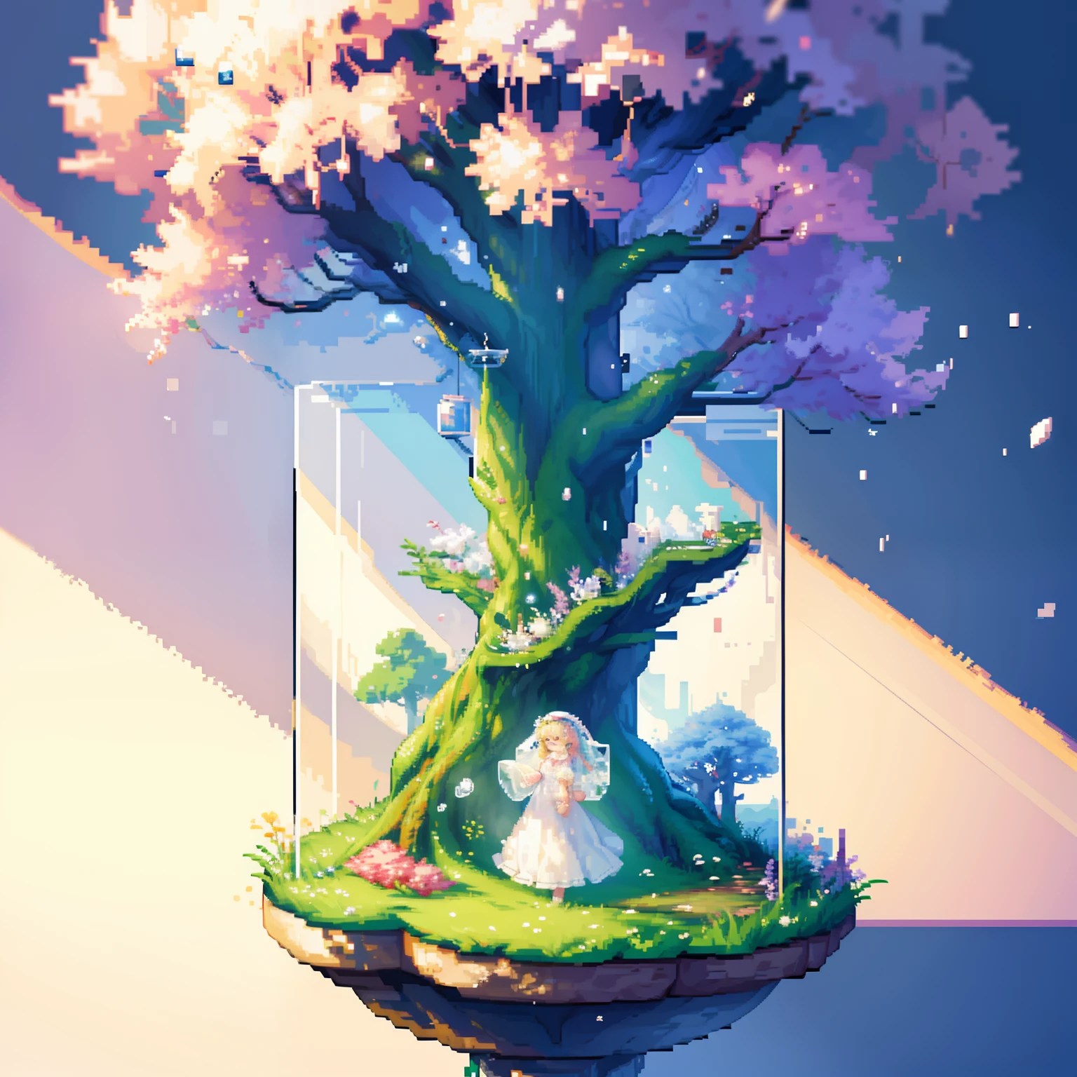 A dreamy art tree in a bottle, fluffy, realistic, photographic, canon, dreamy, artistic, splendid leaves and branches with flowers above its head. (((Pixel art)))