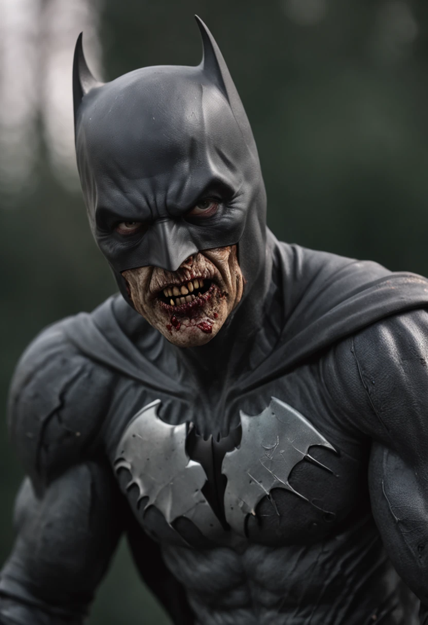 realistic portrayal of Batman emerges, his face twisted into a zombie-like visage, his suit tattered and worn man