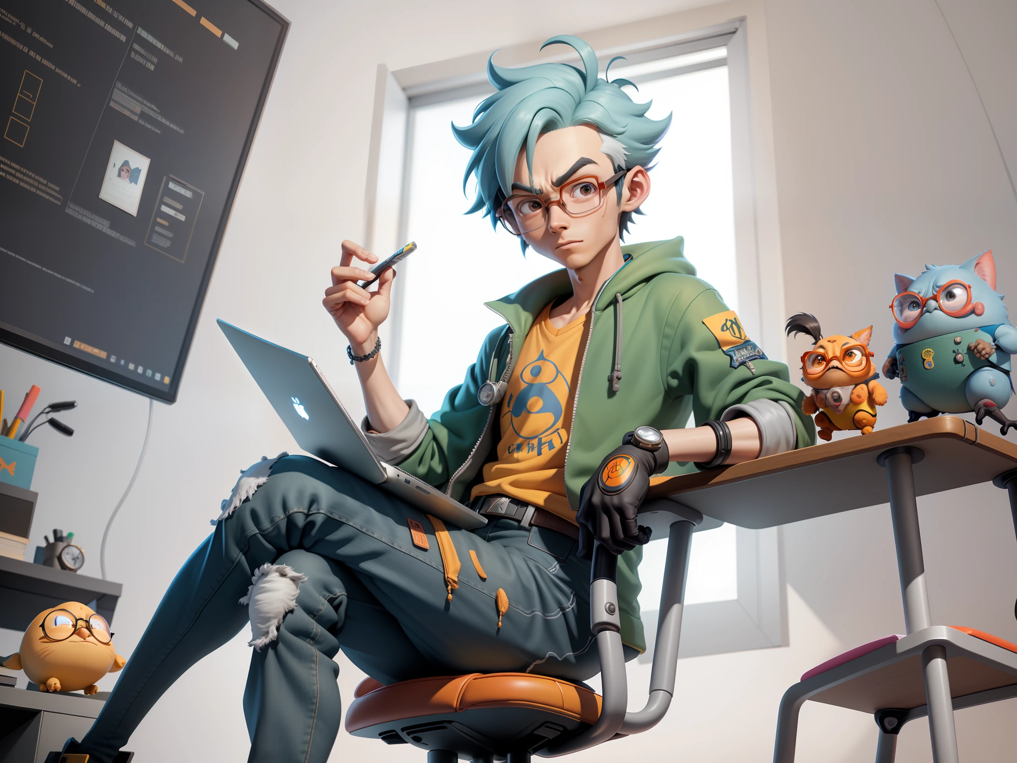 A young man with glasses sits at his desk，holding laptop，digitial painting，3D character design by Mark Clairen and Pixar and Hayao Miyazaki and Akira Toriyama，4K HD illustration，Very detailed facial features and cartoon-style visuals。