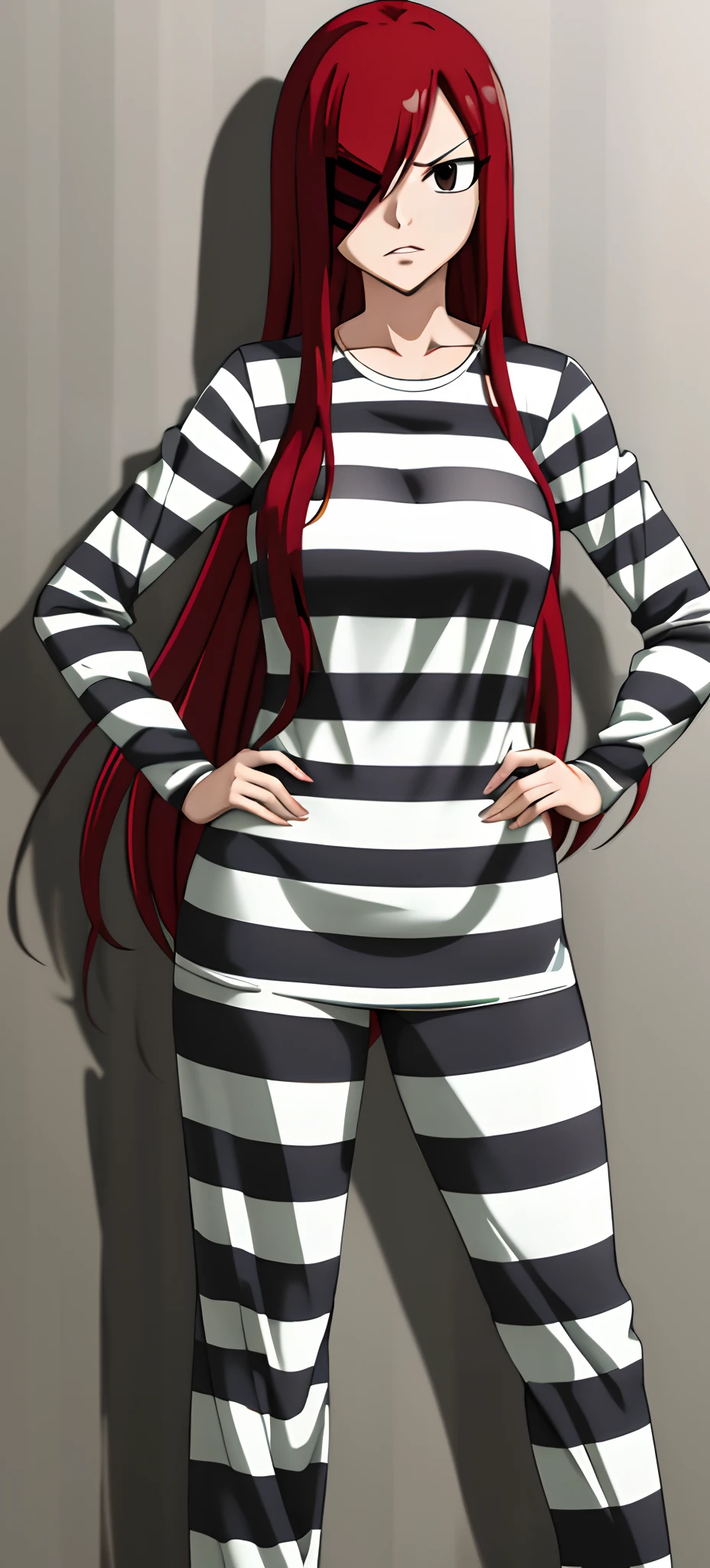 masterpiece, best quality, highres, fairy tail, 1girl, long hair, red hair, brown eyes, hair over one eye, standing, hair over one eye, ((priclothes)), ((striped clothes)), prisoner, clothes, clothing, outfit, shirt, long sleeves, pants, black and white stripes,