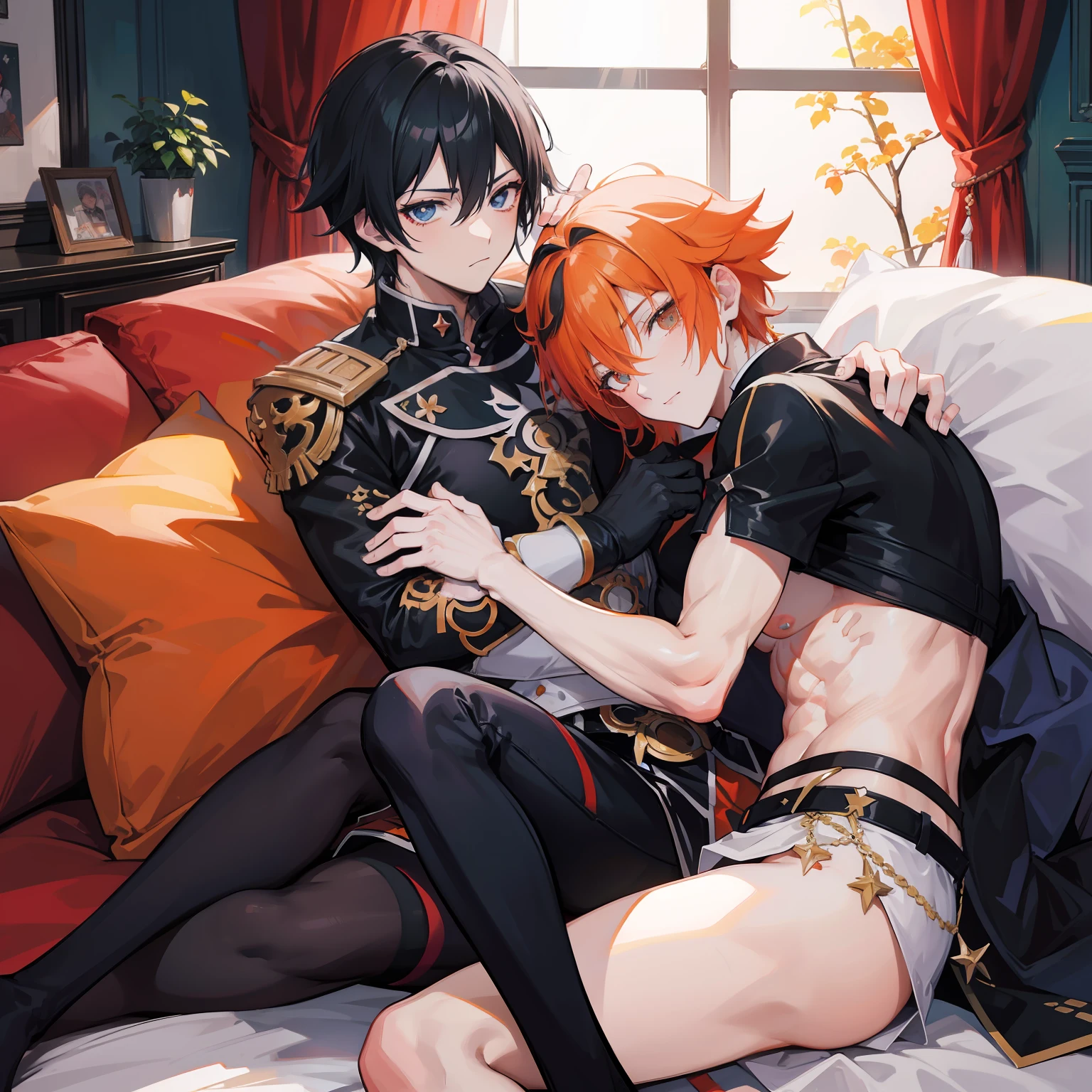 Tartaglia, orange hair, Two guys, Cuddling, skirmish, black  hair, Anime style, Disney style, Two guys, 1two boys, characters from the game Genshin impact