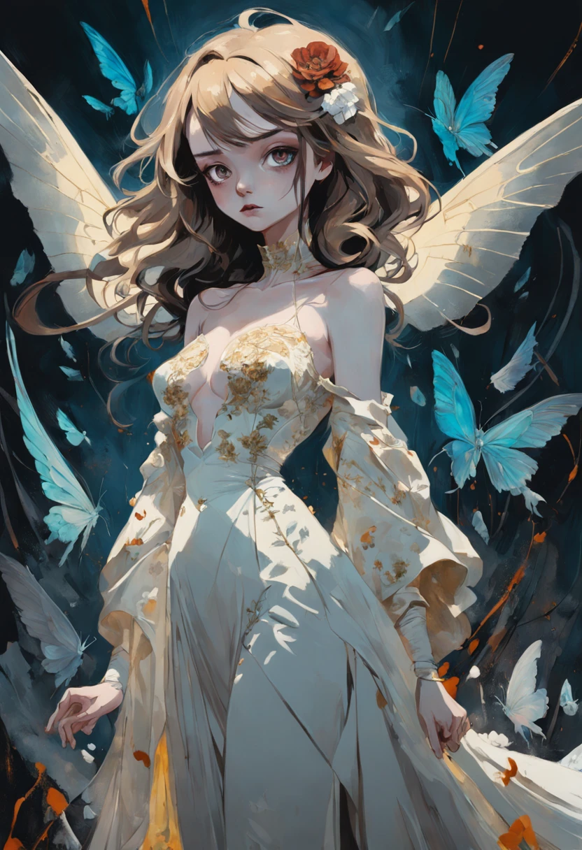 Belle femme dans une tenue glam incroyablement gothique. In the style of Adrian Ghenie, Esao Andrews, Jenny Saville, Edward Hopper, surrealism, Dark Art par James Jean, Takato Yamamoto, Minimalisme inkpunk. Dans le style Tim Burton. Gothique. Cadavre Bride (Cadavre Bride (Corpse bride)).