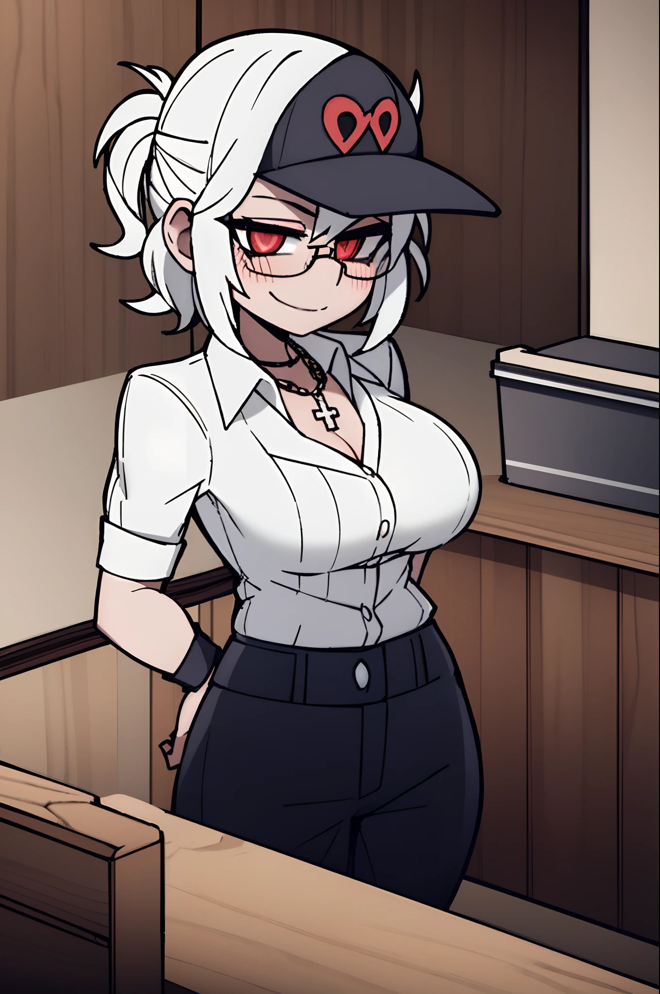 1girl, solo, vest and t shirt, wrist bracelets, breasts, arms at sides, wide hips, blush, blushing, curvy, cross necklace, heart eyes, full body shot, horns on head, demon tail, black white and red outfit, suit pants, white hair, tomboy, tall, hands on hips, short hair, smile, smug, dress shoes, rolled up pants, exposed calves, baggy socks, sharp focus, glowing eyes, shiny skin, tall, long legs, baggy shirt, exposed collarbone, baseball cap, larger body type, horns going through headwear, glasses, bar, countertop, wood  floors, tavern, wood stools, behind countertop, intense lighting, intricate details on clothes,