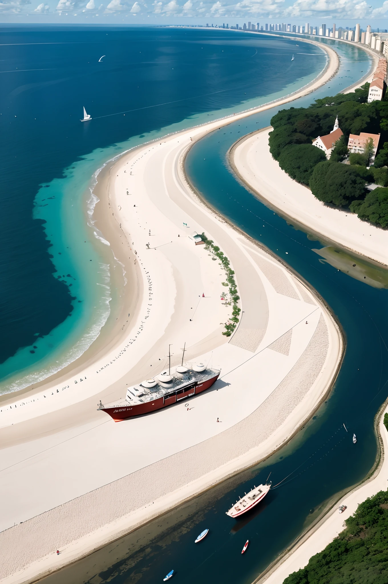 (in a panoramic view,8K,Rich in detail,Realiy,Photoreal,Cinematic footage)There is a long red boat at the water's edge, Jan Alsace-Bertrand, Incredible perspective, author:Luis Miranda, perspective shot from the sky, author:Manuel Franklow, author:Joze Ciuha, Oscar Niemeyer, author:Fernando Grassi, malika favre, author:Felipe Sid, Interesting perspective