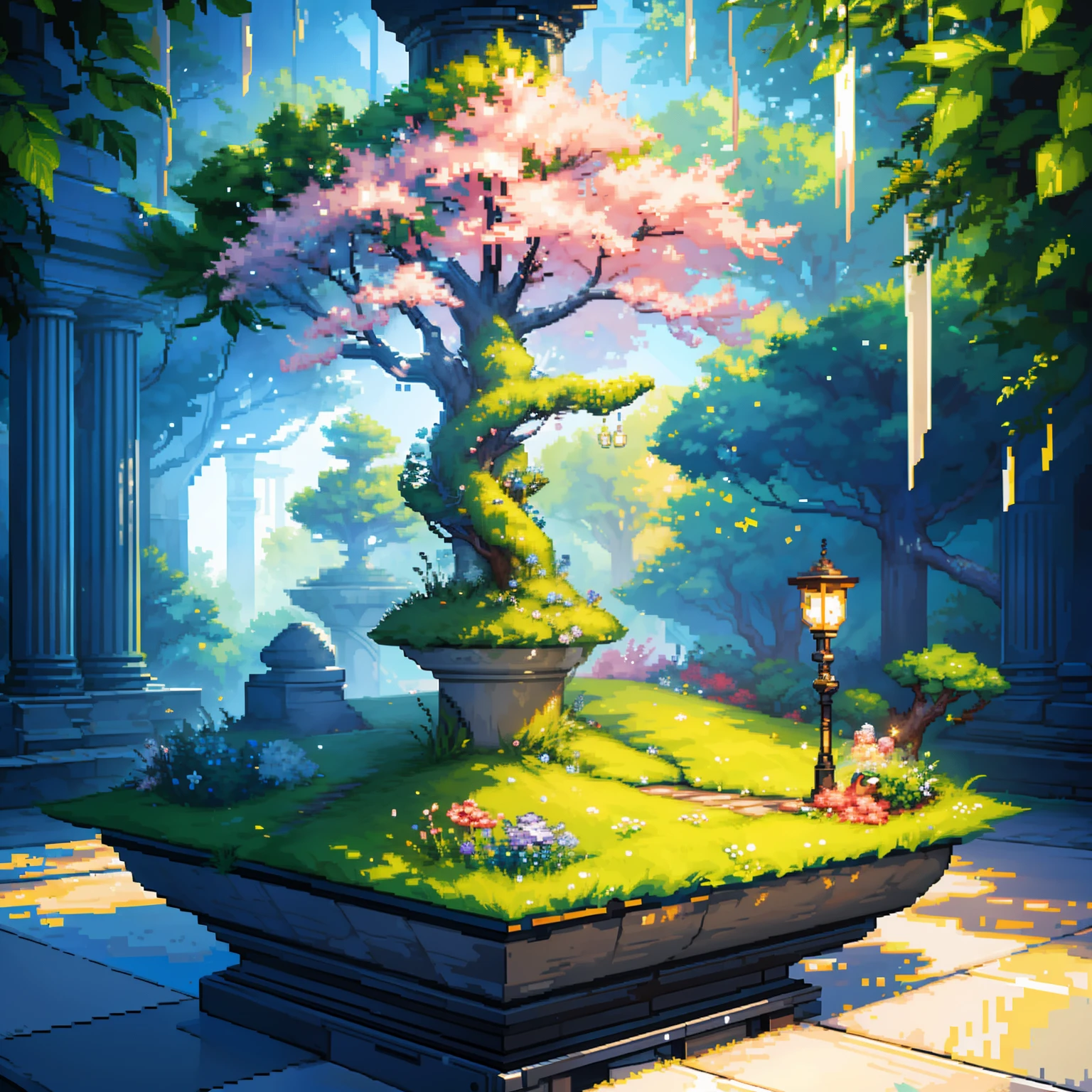 A dreamy art tree in a bottle, fluffy, realistic, photographic, canon, dreamy, artistic, splendid leaves and branches with flowers above its head. (((Pixel art)))