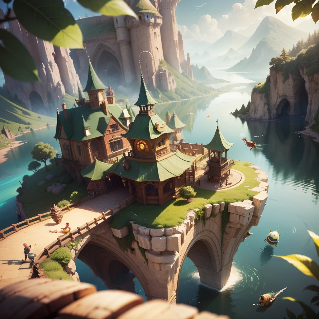 Fantasy, Cartoon illustration of a fantasy world with bizarre large caterpillars and snails, Flying over the surface of the lake, Everyone is cheerful and happy. close-up, cartoon style Disney Pixar. cinematic, Lots of details. Blurred fantasy background. light haze. --auto --s2