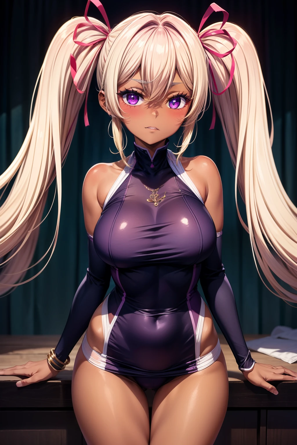 (masterpiece, best quality, ultra-detailed), 1girl, purple eyes, blonde hair, dark skin, twintails, looking at viewer, standing, room, blush, shy