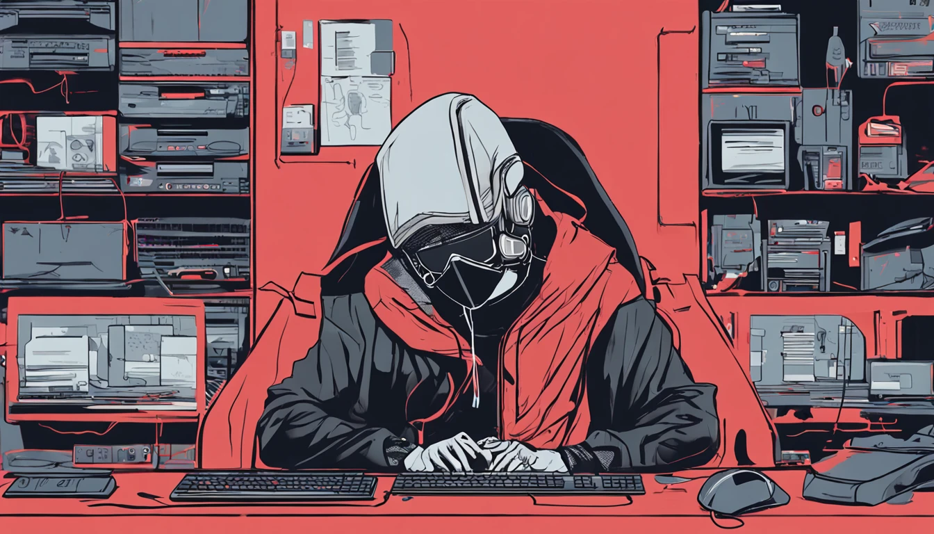 (masutepiece, of the highest quality, Best Quality, Official art, Beautiful and aesthetic:1.2),(Cyberpunk:1.4) Hacker boy with his mouth covered with a black mask and a hacker logo on the left of the mask, ( in front he has his desk , on top of it the PC monitor on the left, ) ( his hands relaxing over the desk) hidding his face and making more mysterious, looking to the camera