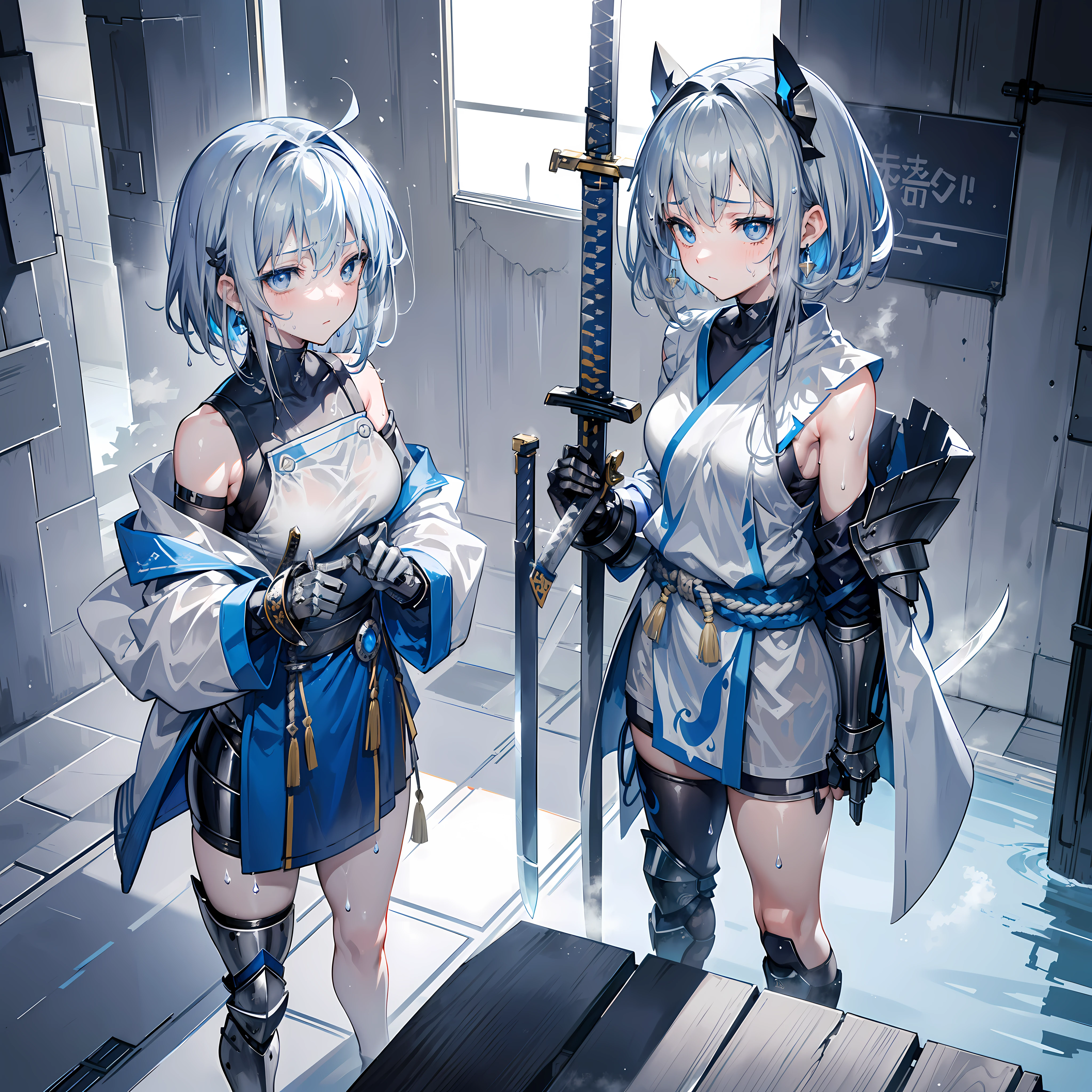 Blue pupil,whaite hair,By the side of the mountains,eighteen years old,Honkai three painting style