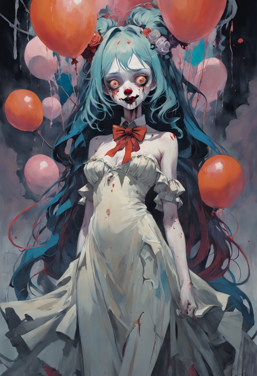 There is ugliness in beauty, But there is also beauty in ugliness. Clown. Circus. Melancolic. In the style of Adrian Ghenie, Esao Andrews, Jenny Saville, Edward Hopper, surrealism, Dark Art par James Jean, Takato Yamamoto, Minimalisme inkpunk. Tim Burton. In the style of Corpse Bride.