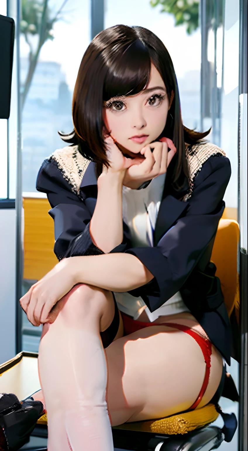 Top Quality, Photorealistic , 8k, High Definition, 1 girl, Female, (medium breasts: 1.8), Office, Pubic hair visible, Grey suit, No panties, Skirt boldly pulled up, At work (((sitting at desk and legs wide open)), Knees bent and legs open, Little short hairstyle, Stockings, Red sheer panties