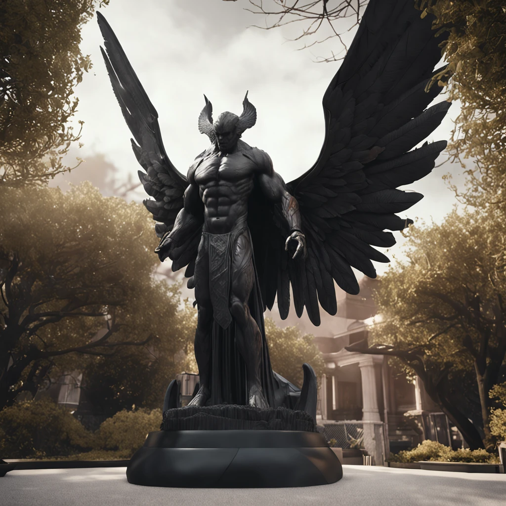 a close up of a noir black statue like male with large wings, humanoid male, faceless, devoid of a face and hair, lack of facial features, plain face, angel of death, unreal engine render + a god, villain has black wings, no face, plain face, muscular build, garden background, intricate garden background, y2k animation, gritty,