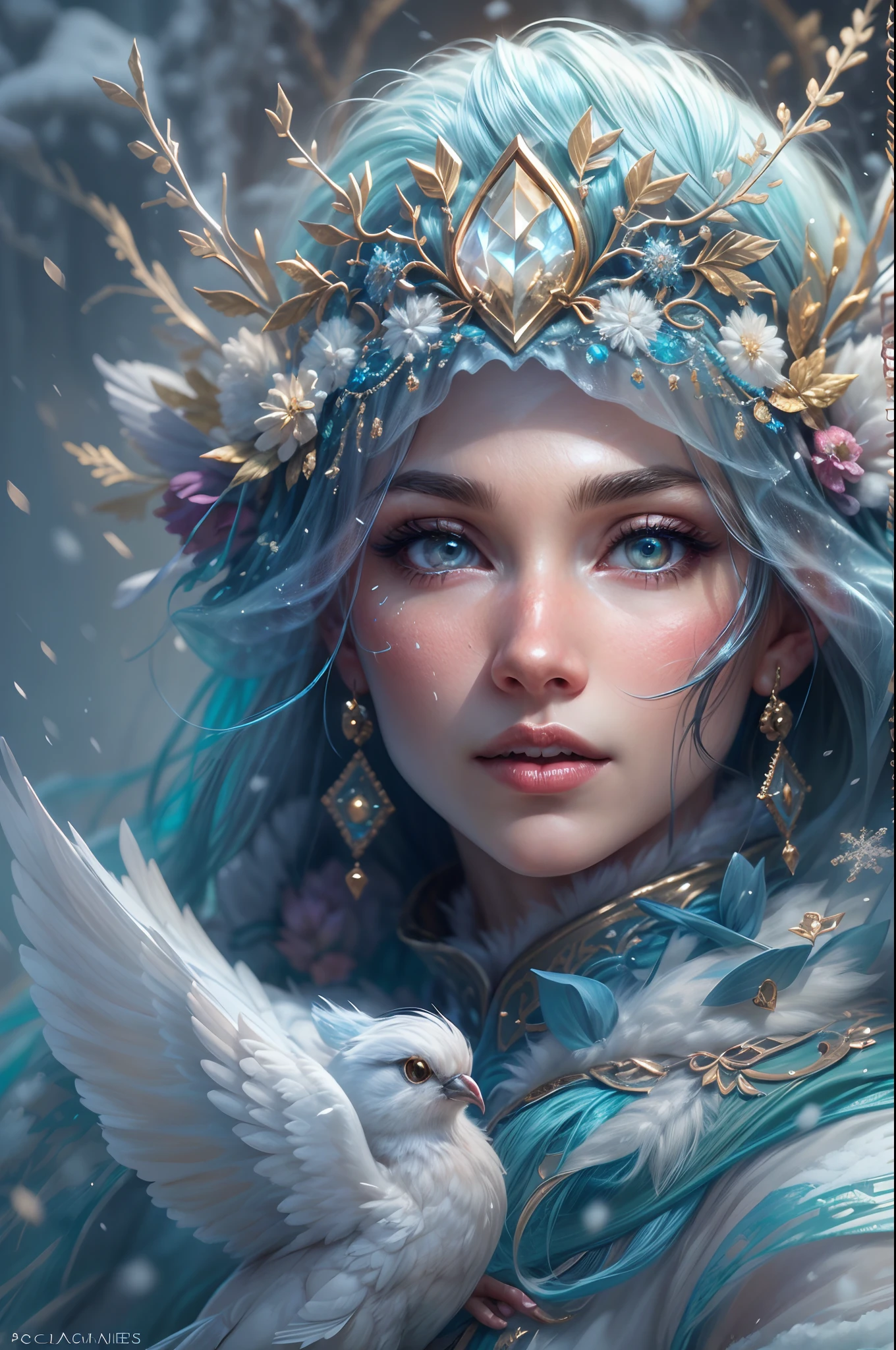 This is a realistic fantasy artwork taking place in a subzero cold winter landscape. Generate a stately, elegant, and graceful (((Pocahontas))) elf in a magical world of stunning gilded roses with multicolors and shimmering ice glittering in the light. Her face is elegant and middle-aged and includes realistic shading, incredibly detailed and distinct features, ((soft puffy and kissable mouth with a defined cupid's bow)), and (realistic eyes). (Her eyes are important) and should be (beautiful detailed eyes with macro details), realistic details, and a shifting array of beautiful blue colors. Her clothes should be delicately spun from weightless, airy, and expensive gossamer silk with delicate and very subtle floral embroidery, (((many warm layers))), and a variety of complementary colors as well as lots of luxurious fur. Her breasts are subtle and her clothing is very warm and heavy. This image is incredibly creative and emphasizes the beautiful detail of the gilded roses and the pure snow on the ornate ice. Include beautiful detailed snowflakes, icy air, and magical doves. Include pebbles, stones, bumps, glitter, and iridescence. Camera: Utilize dynamic composition techniques to draw the viewer into the scene. Lighting: Enhance the glitter of the snow and ice and emphasize the fantasy winter aspect of the image. Take inspiration from top masters of the genre and trending Midjourney and ArtStation art.