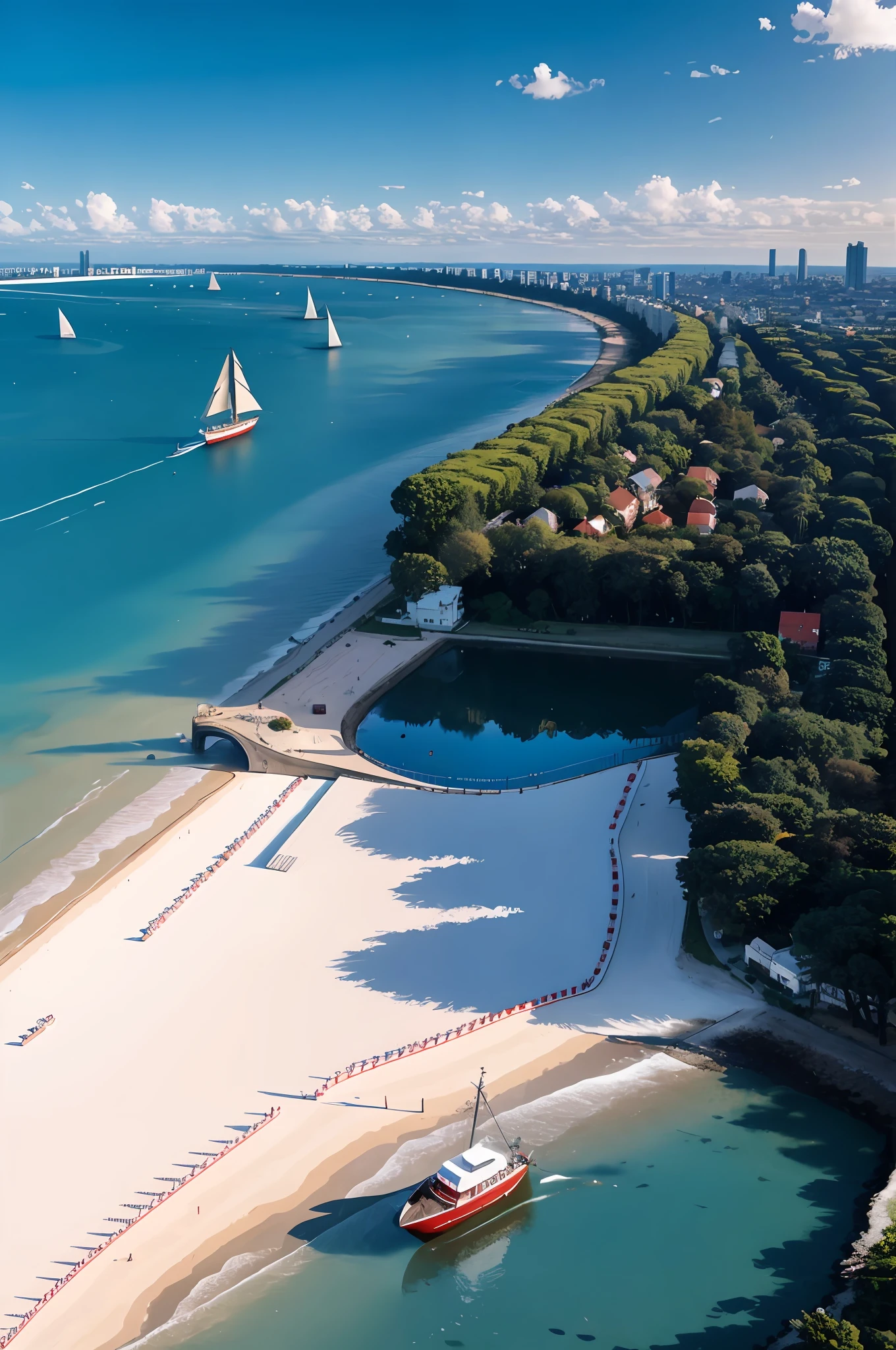 （in a panoramic view，8K，Rich in detail，Realiy，Photoreal，Cinematic footage）There is a long red boat at the water's edge, Jan Alsace-Bertrand, Incredible perspective, author：Luis Miranda, perspective shot from the sky, author：Manuel Franklow, author：Joze Ciuha, Oscar Niemeyer, author：Fernando Grassi, malika favre, author：Felipe Sid, Interesting perspective