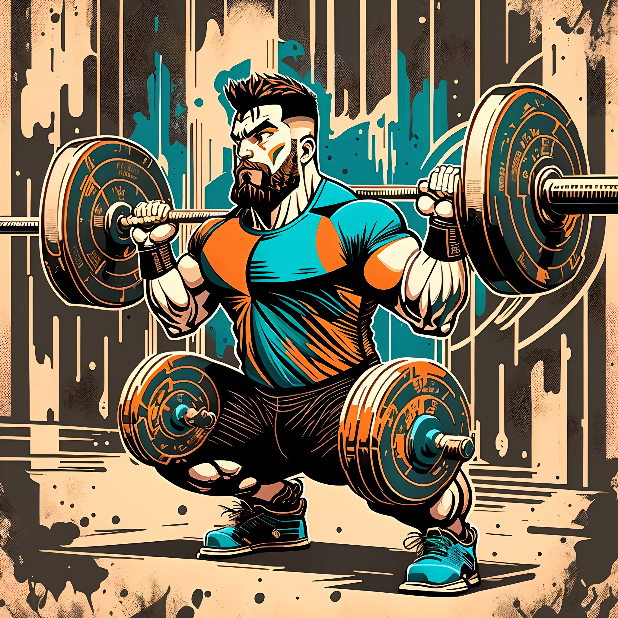 "Vector logo icon art ready for print of a colorful graffiti illustration depicting a powerlifter performing a backsquat with a barbell and weight plates, showcasing high detail and dynamic action shot, while ensuring that the bar with the weight plates is positioned on the powerlifter's shoulders." --auto --s2