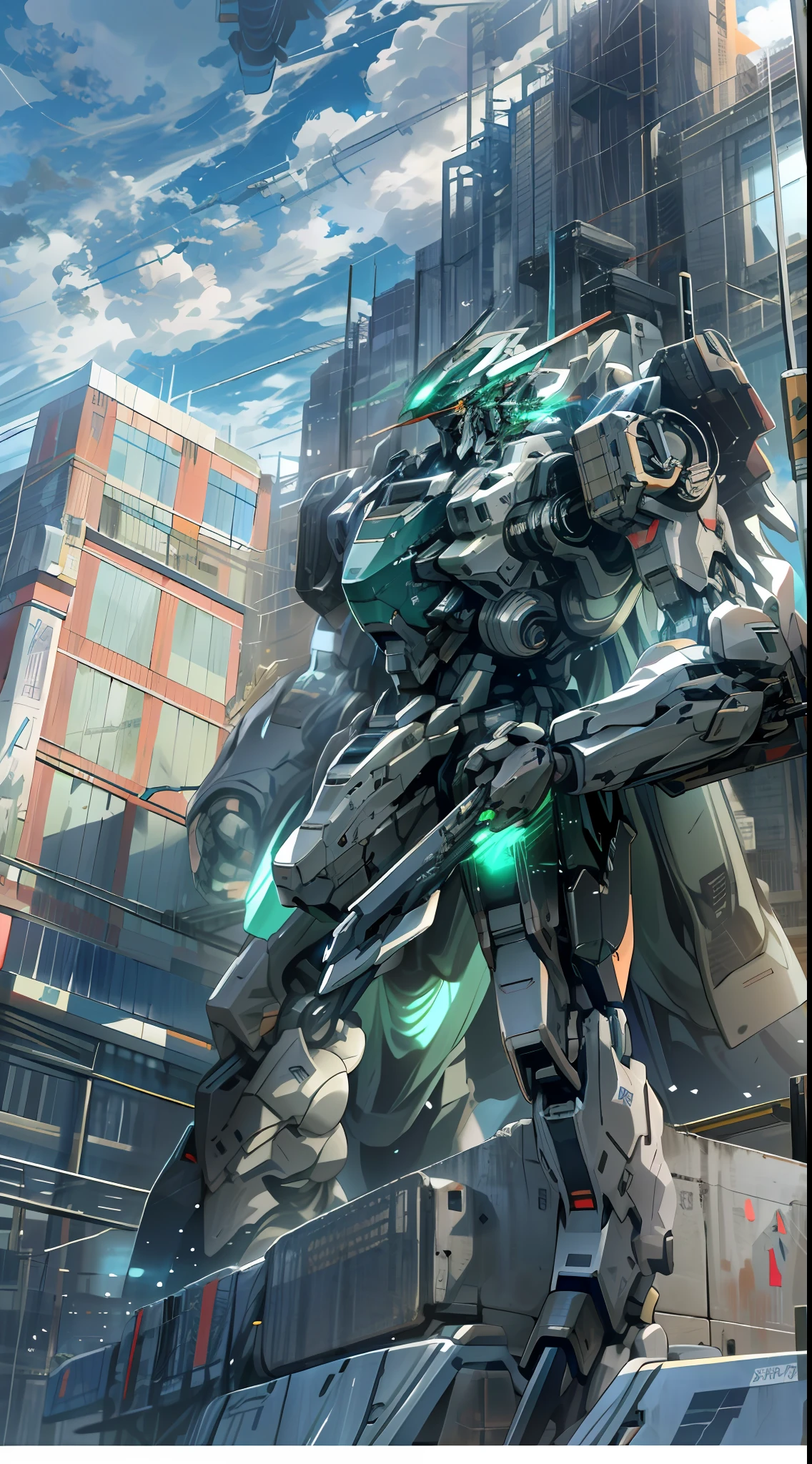 sky, cloud, holding_weapon, no_humans, glowing, , robot, building, glowing_eyes, mecha, science_fiction, city, realistic,mecha